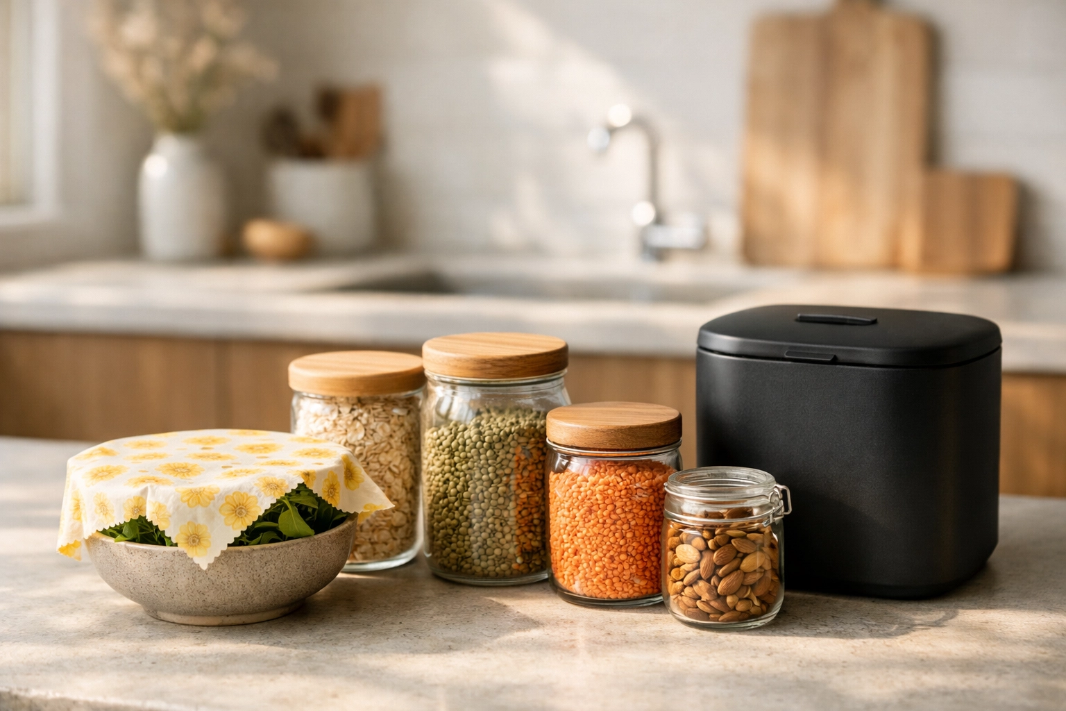 Minimalist zero-waste kitchen featuring glass bulk storage jars, beeswax wraps, and a sleek modern compost bin.