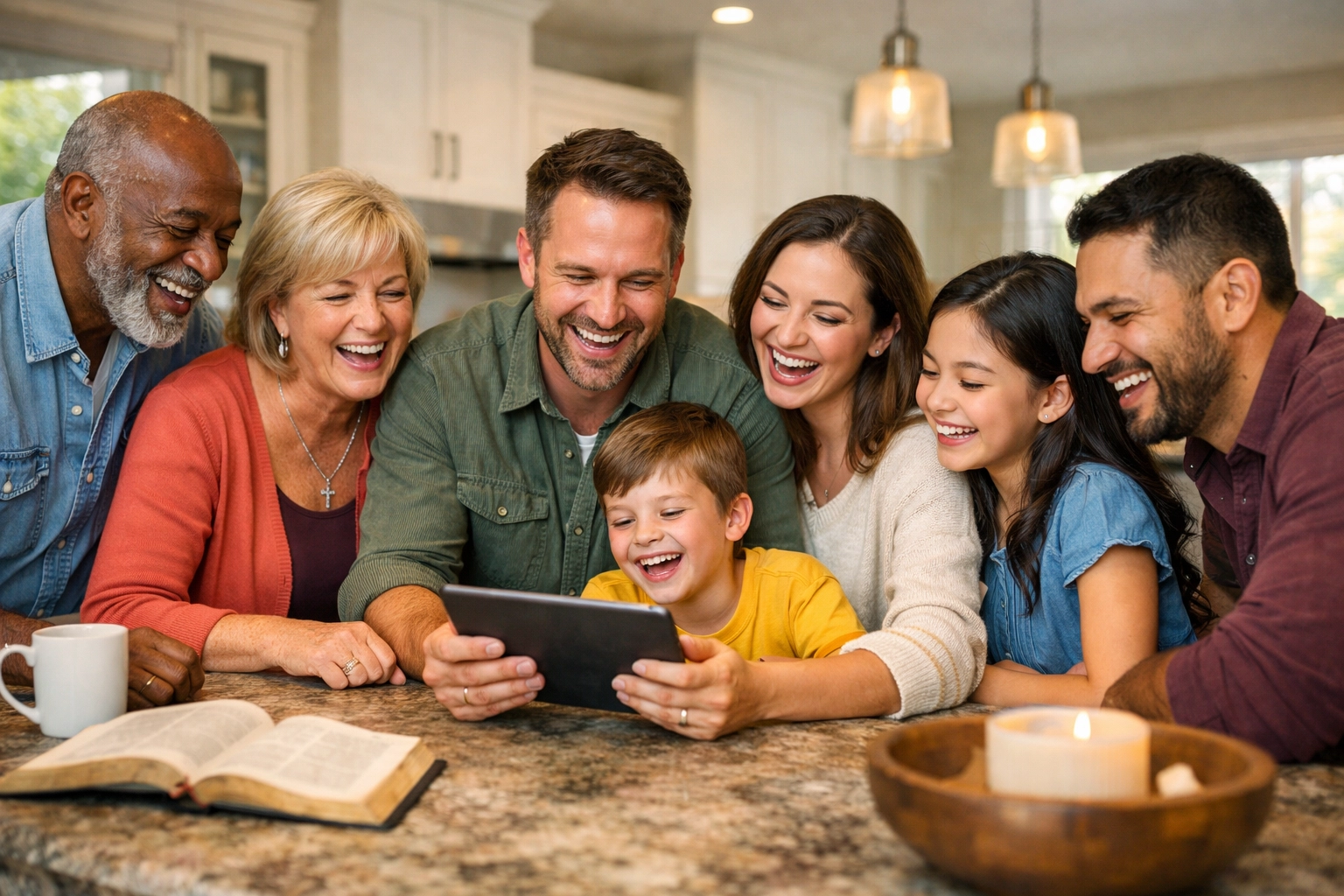 A diverse family laughing around a digital tablet, growing in faith together through online ministry.