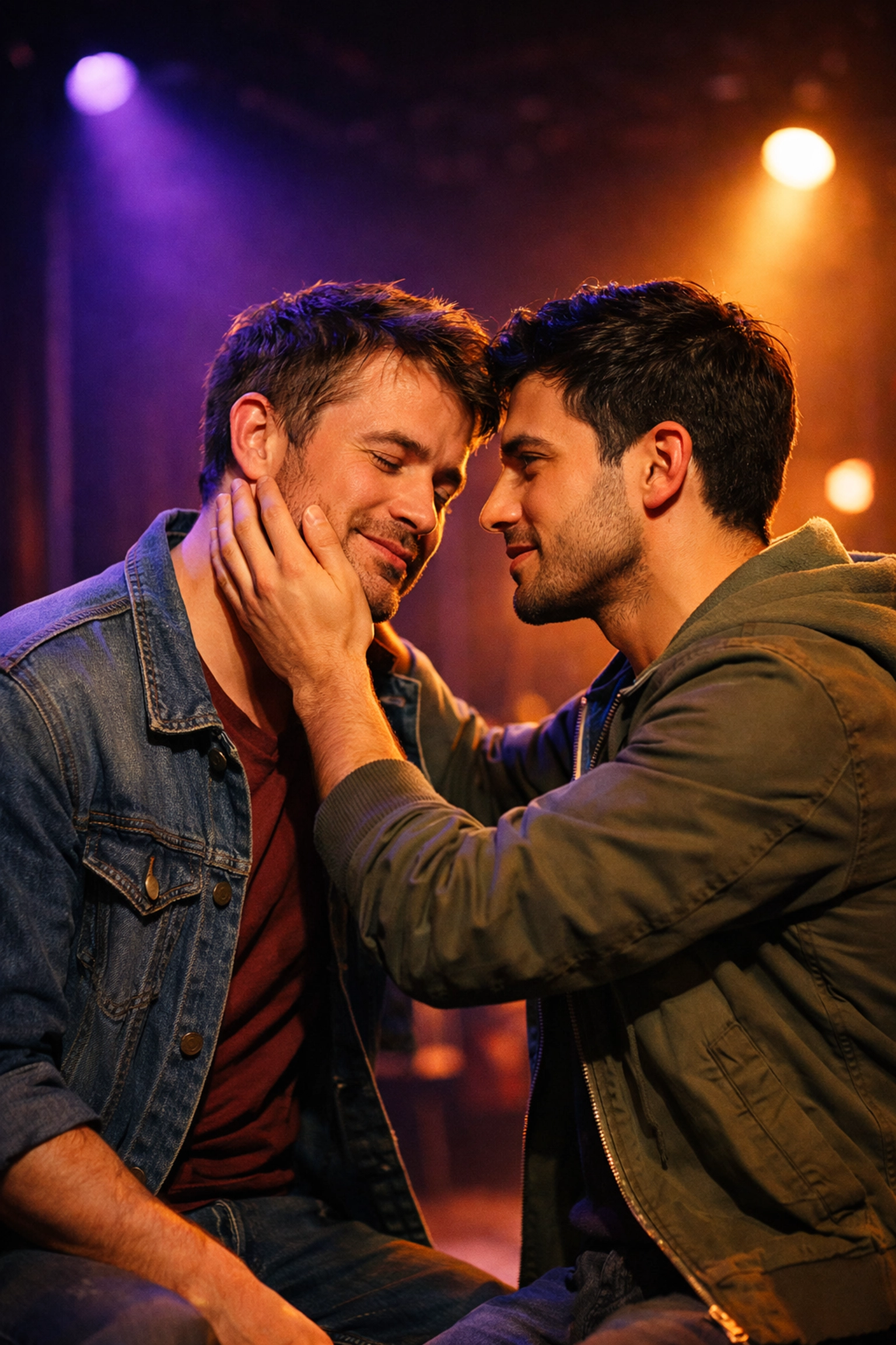 Two gay actors performing an intimate scene on professional stage