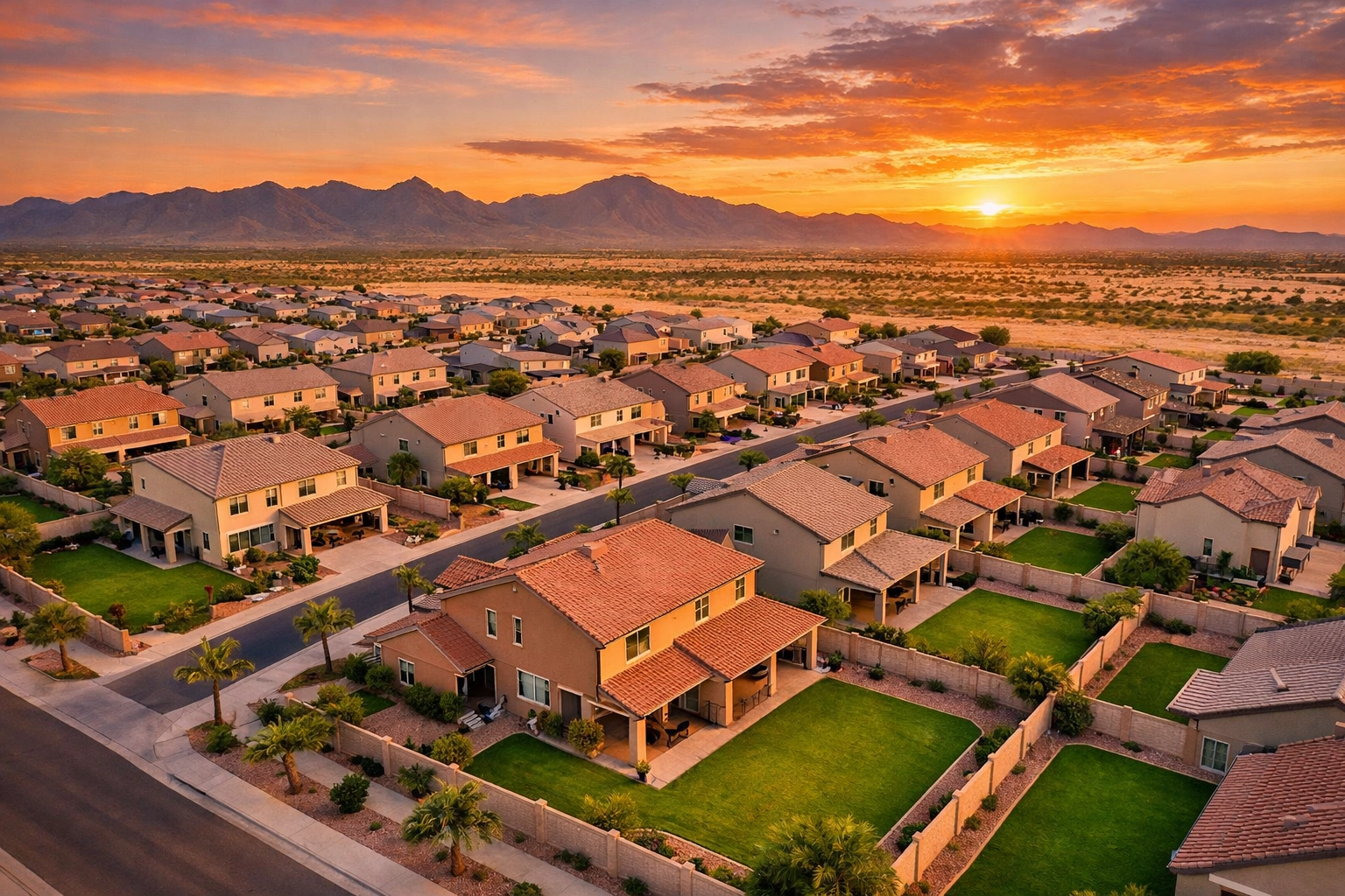 Aerial view of affordable Buckeye Arizona neighborhoods with spacious homes and desert landscape