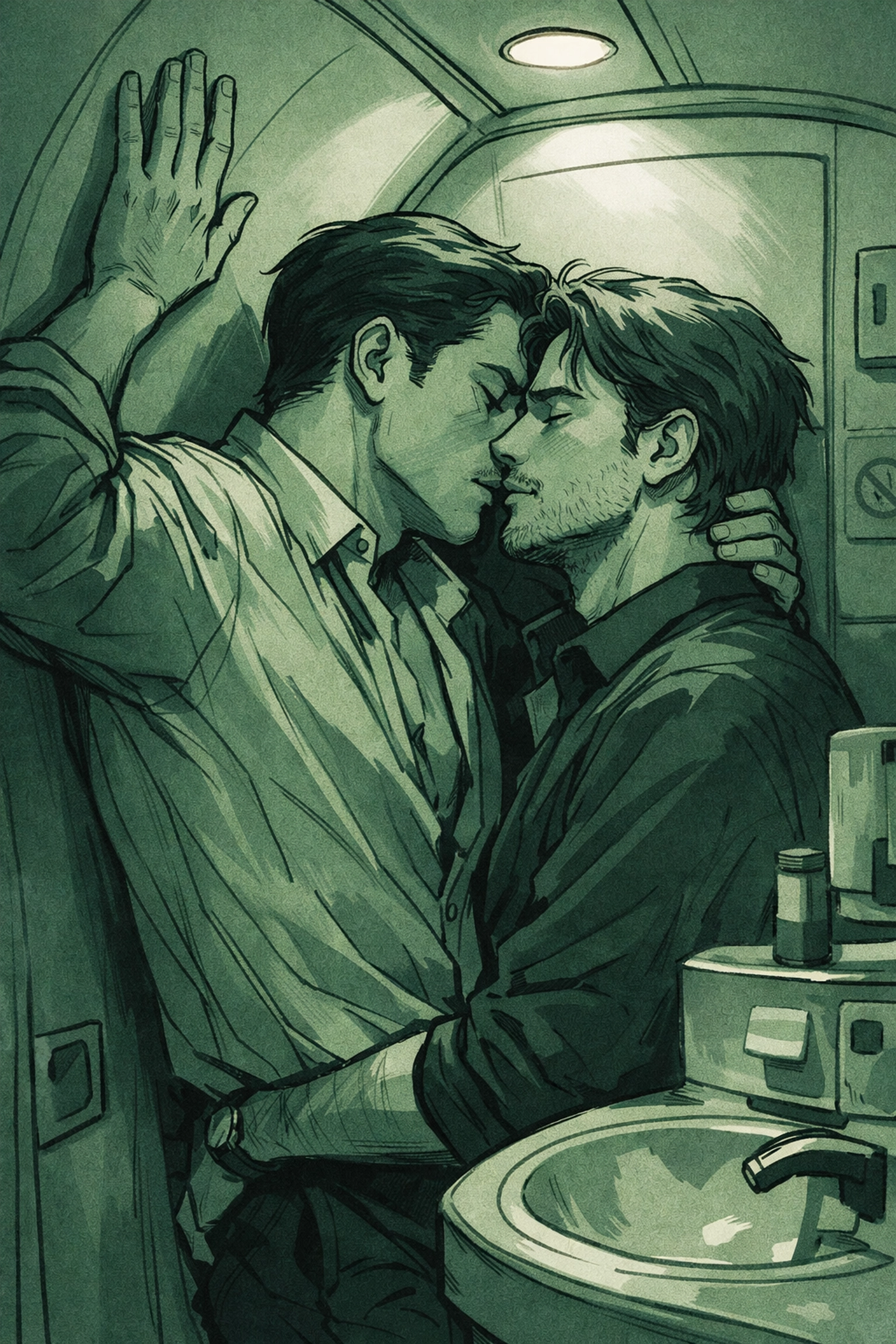 Two men in intimate embrace inside airplane bathroom - MM romance mile-high encounter illustration