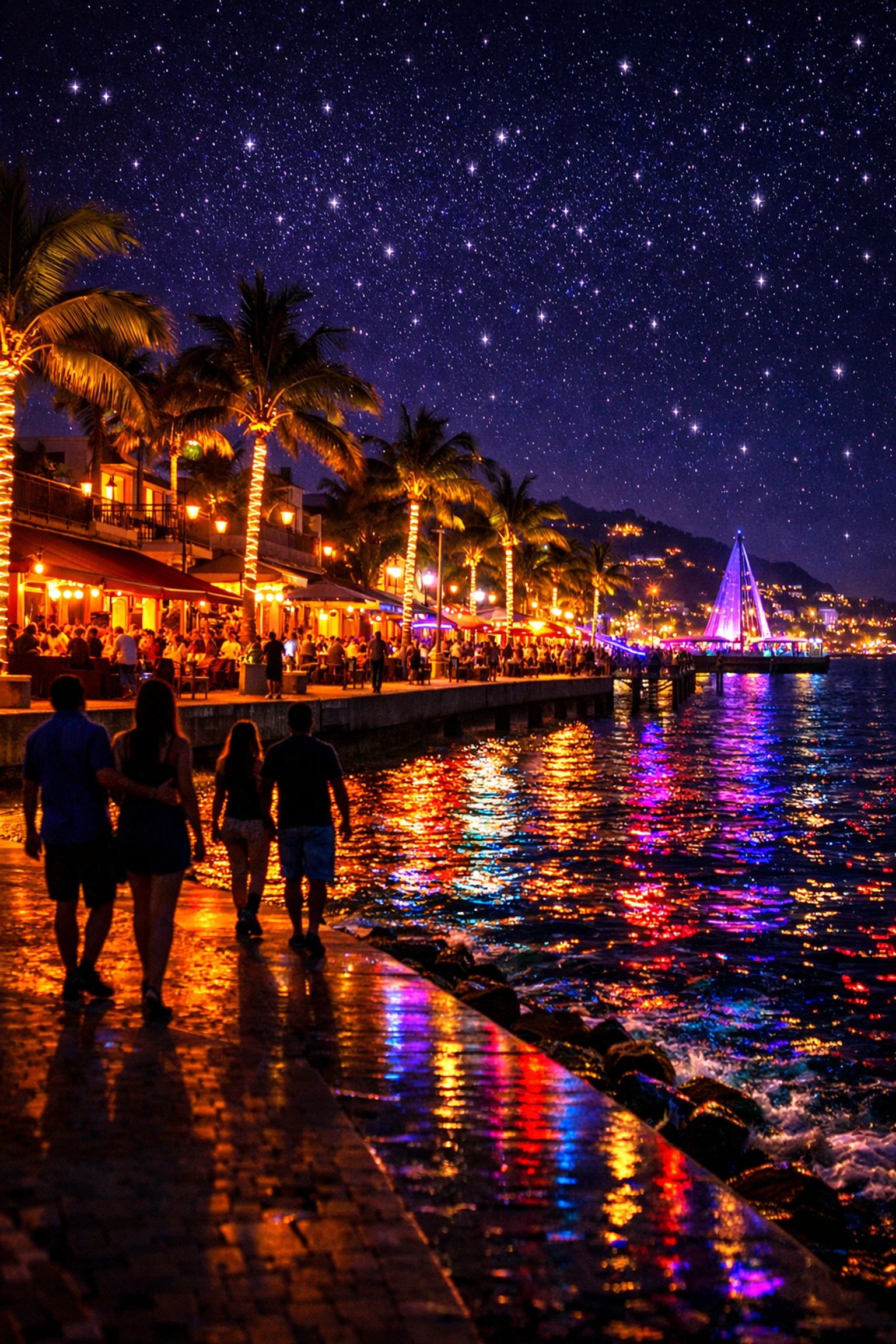 Puerto Vallarta's illuminated Malecón at night with colorful lights reflecting on the ocean