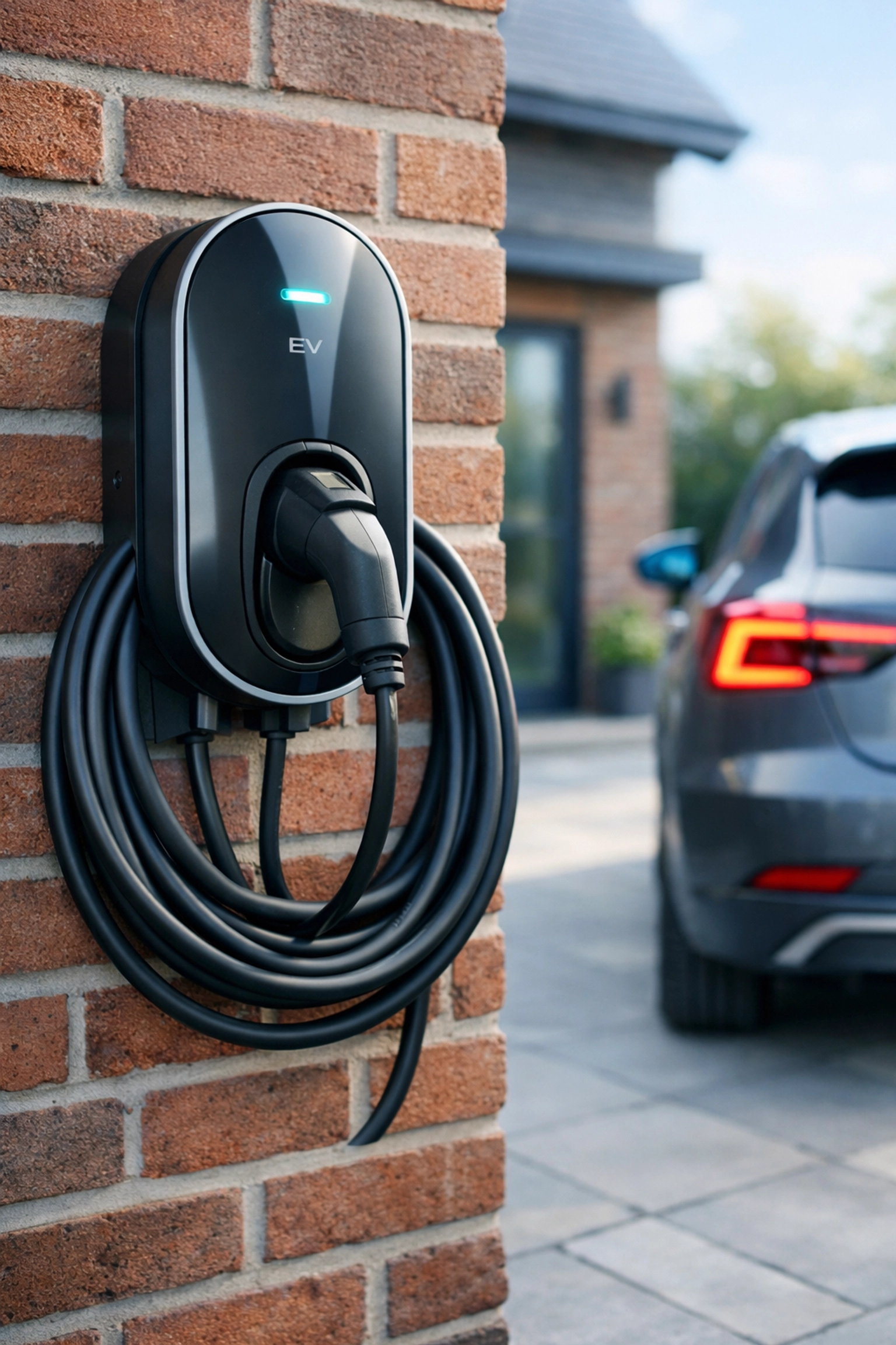 Professional EV charger installation on the exterior wall of a modern home in Ringwood, Dorset.