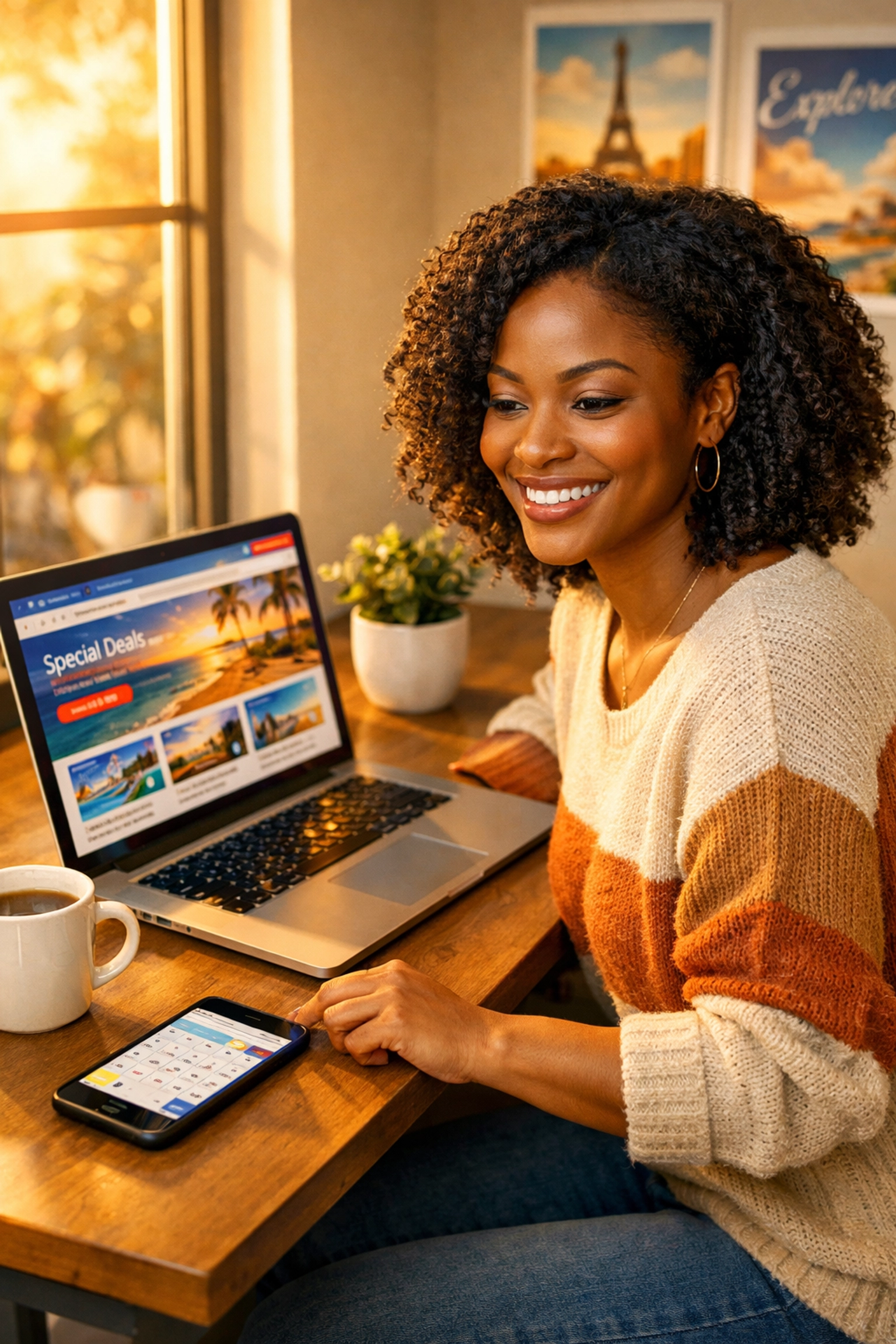 Woman researching and booking cheap flights online using laptop and smartphone
