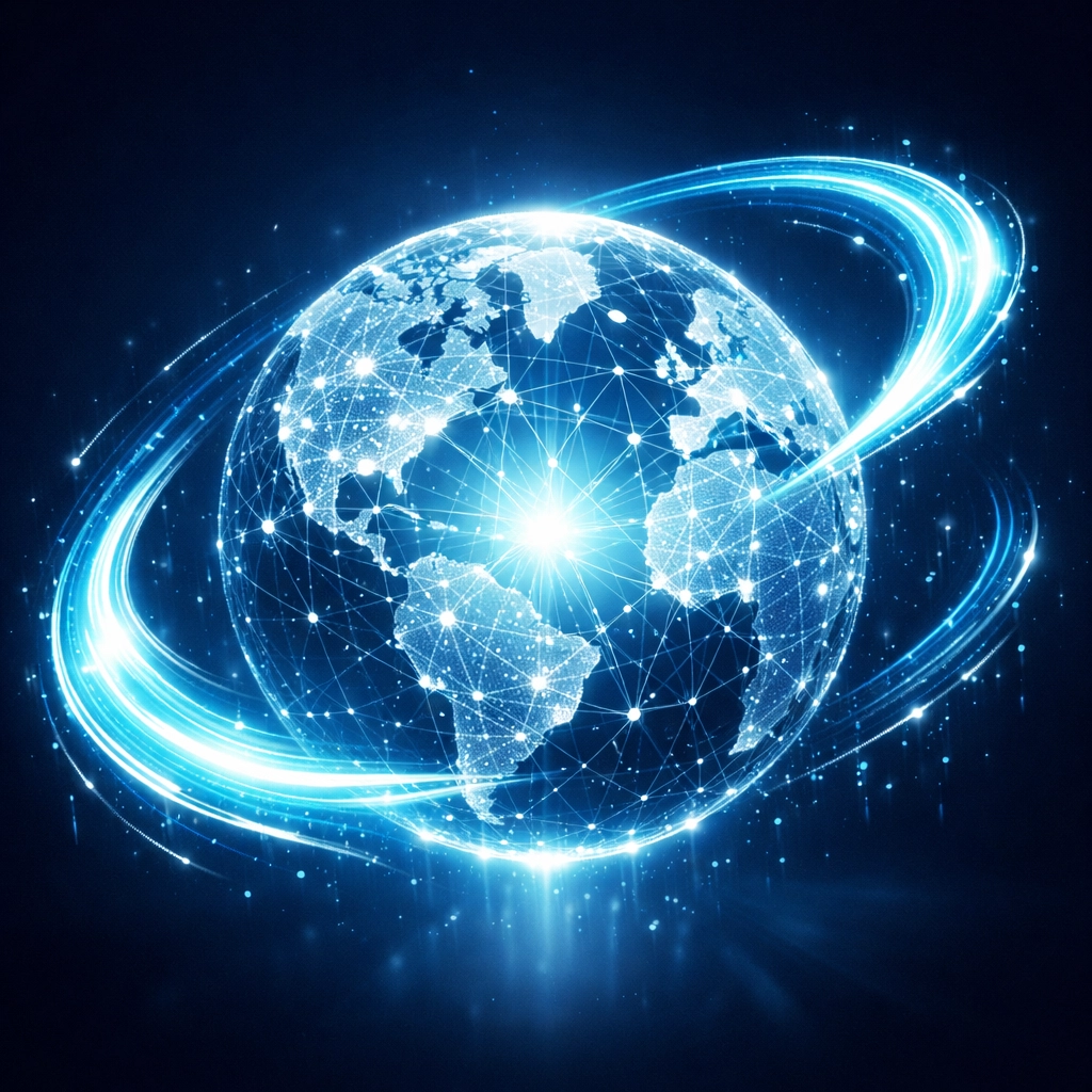 Digital network sphere illustrating 24/7 automated service delivery and real-time business operations.