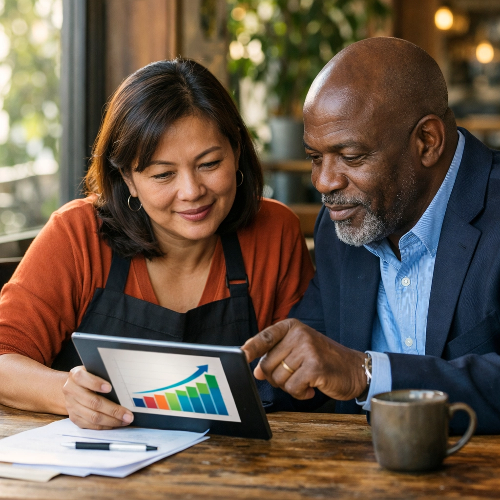 A restaurant consultant in the Bay Area discussing a pro forma audit and profit forecasting with an owner.