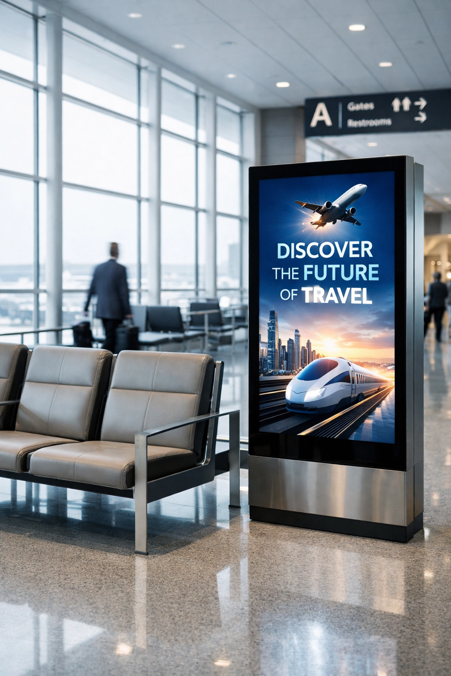 High-definition digital screen in a transportation hub targeting commuters with flexible scheduling.