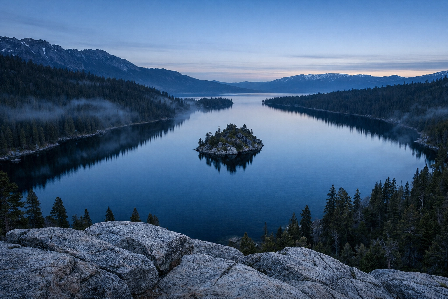 Sunrise over Emerald Bay in Lake Tahoe with Fannette Island reflecting in calm blue water.