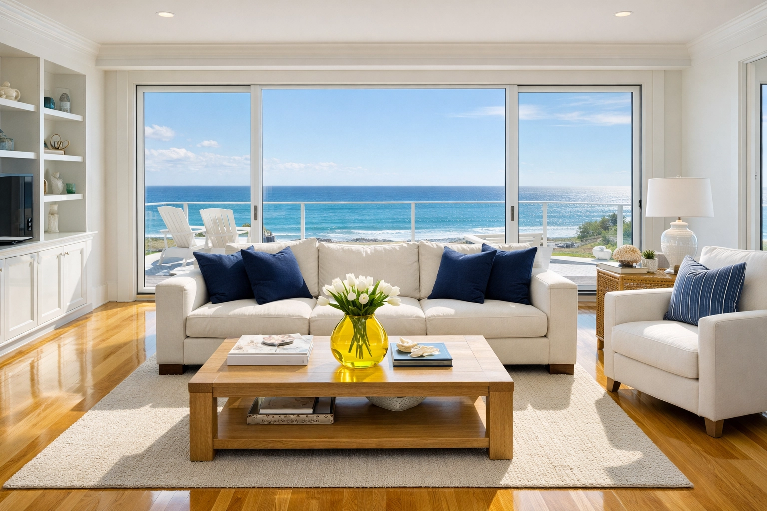 Spotless coastal living room in Dennis, MA featuring clean hardwood floors after sand removal.