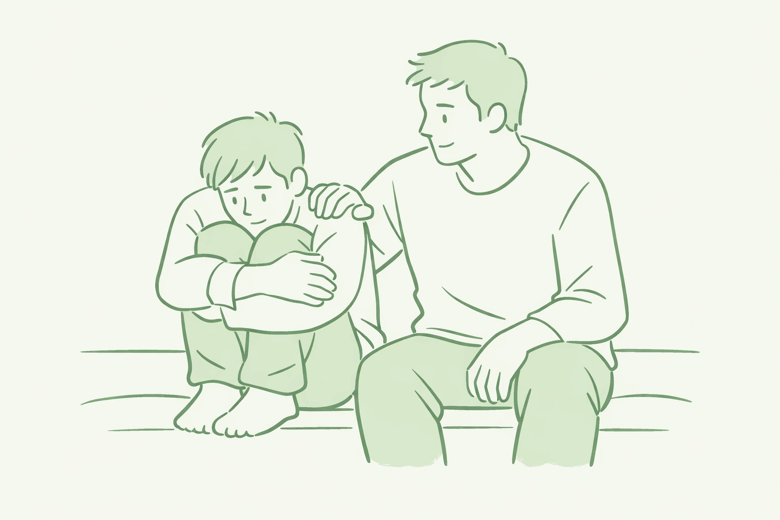 Two men seated together, larger partner providing calming support for anxiety in gay romance