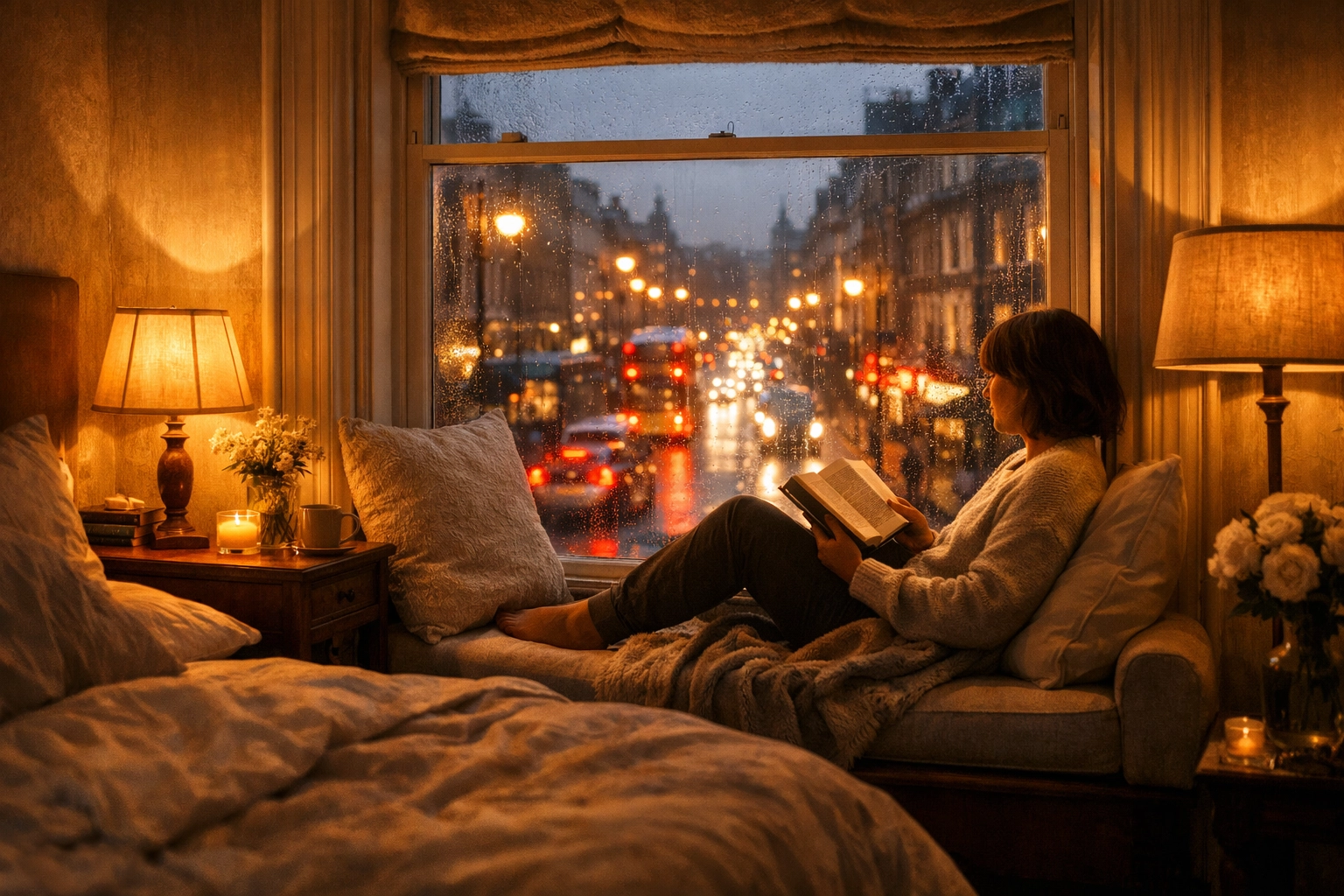 Quiet London bedroom sanctuary with secondary glazing providing silence from city traffic noise.