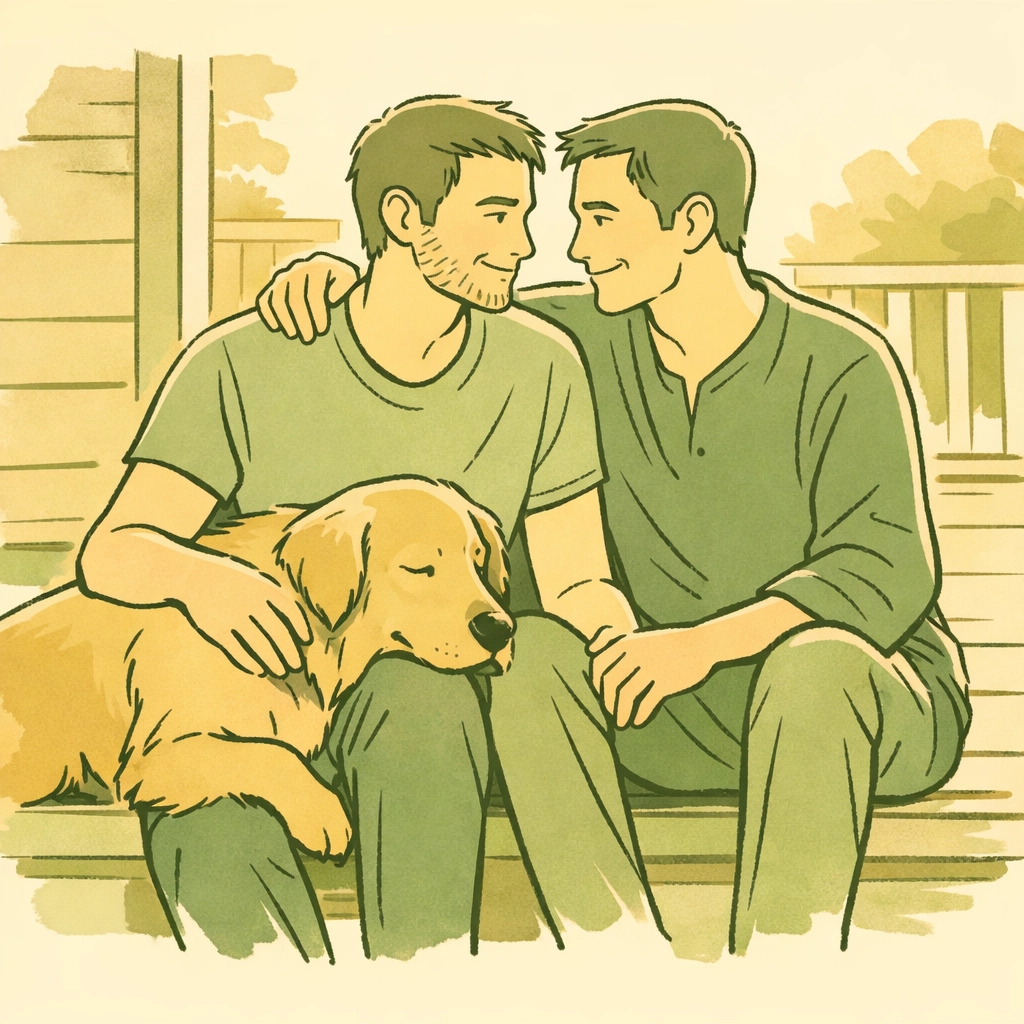 Gay couple with rescued golden retriever on porch sharing moment of unconditional love