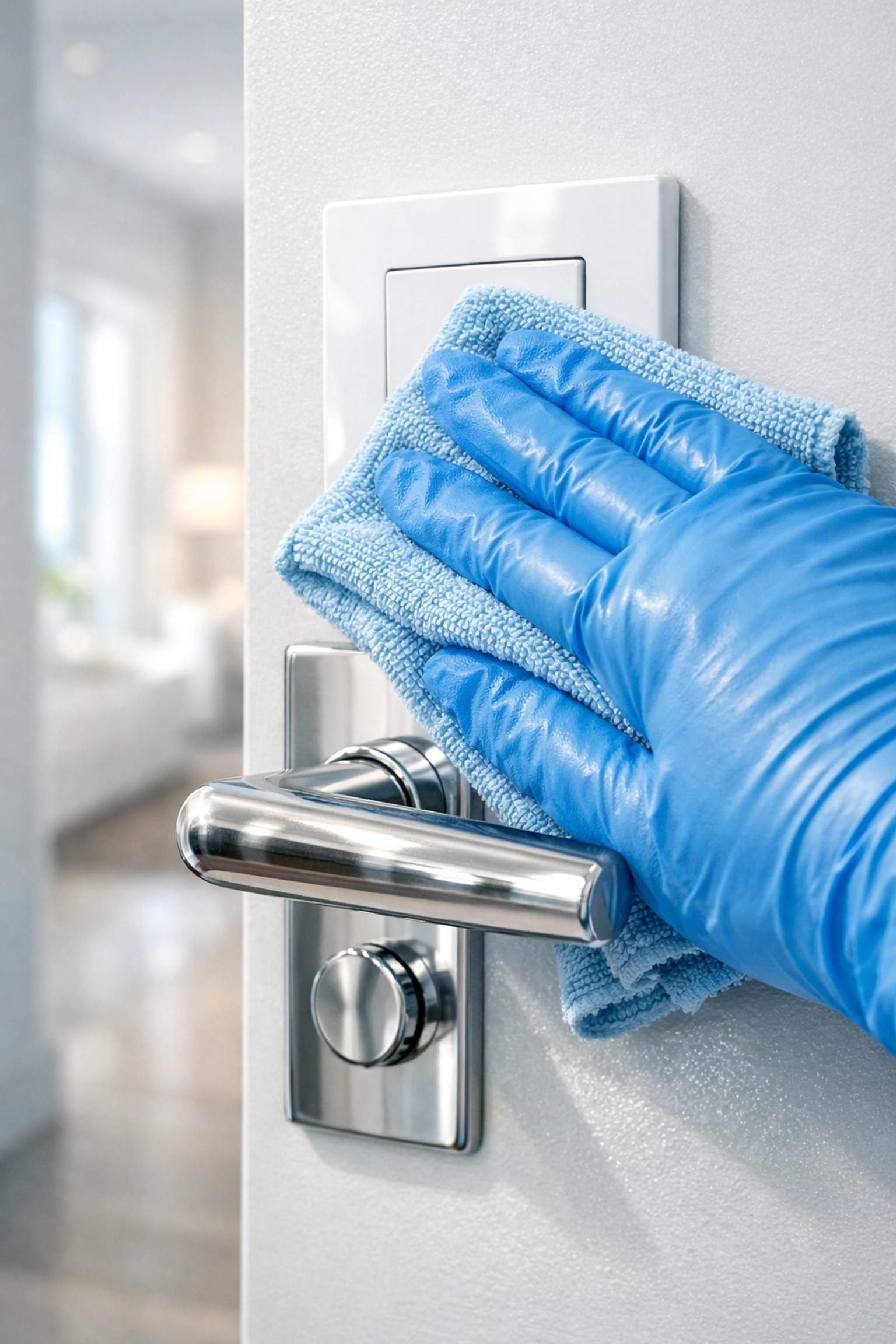 Sanitizing high-touch surfaces as part of healthcare-grade cleaning services in Orlando.