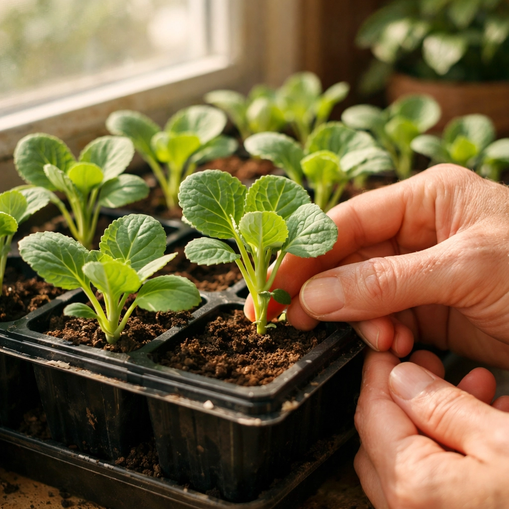 Brussels sprout seedlings growing in starter trays indoors