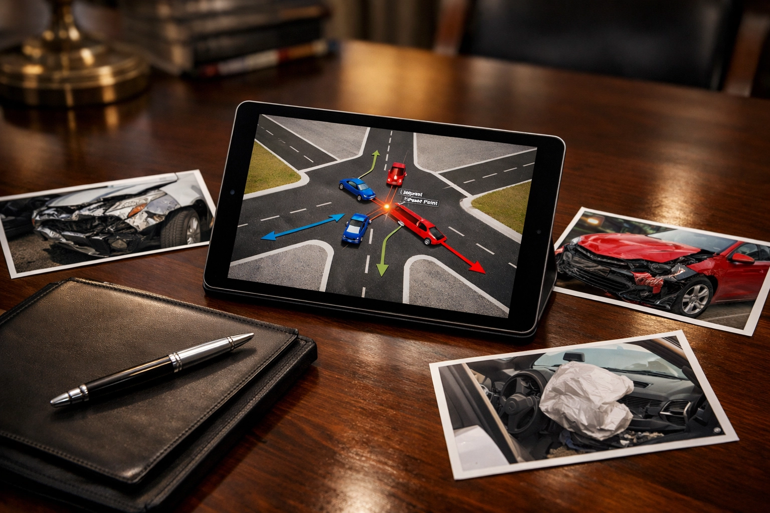 Attorney reviewing accident reconstruction diagrams and collision evidence for a Texas personal injury claim.