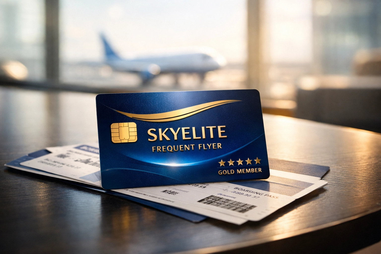 Airline loyalty card and boarding pass on airport table showing frequent flyer membership benefits