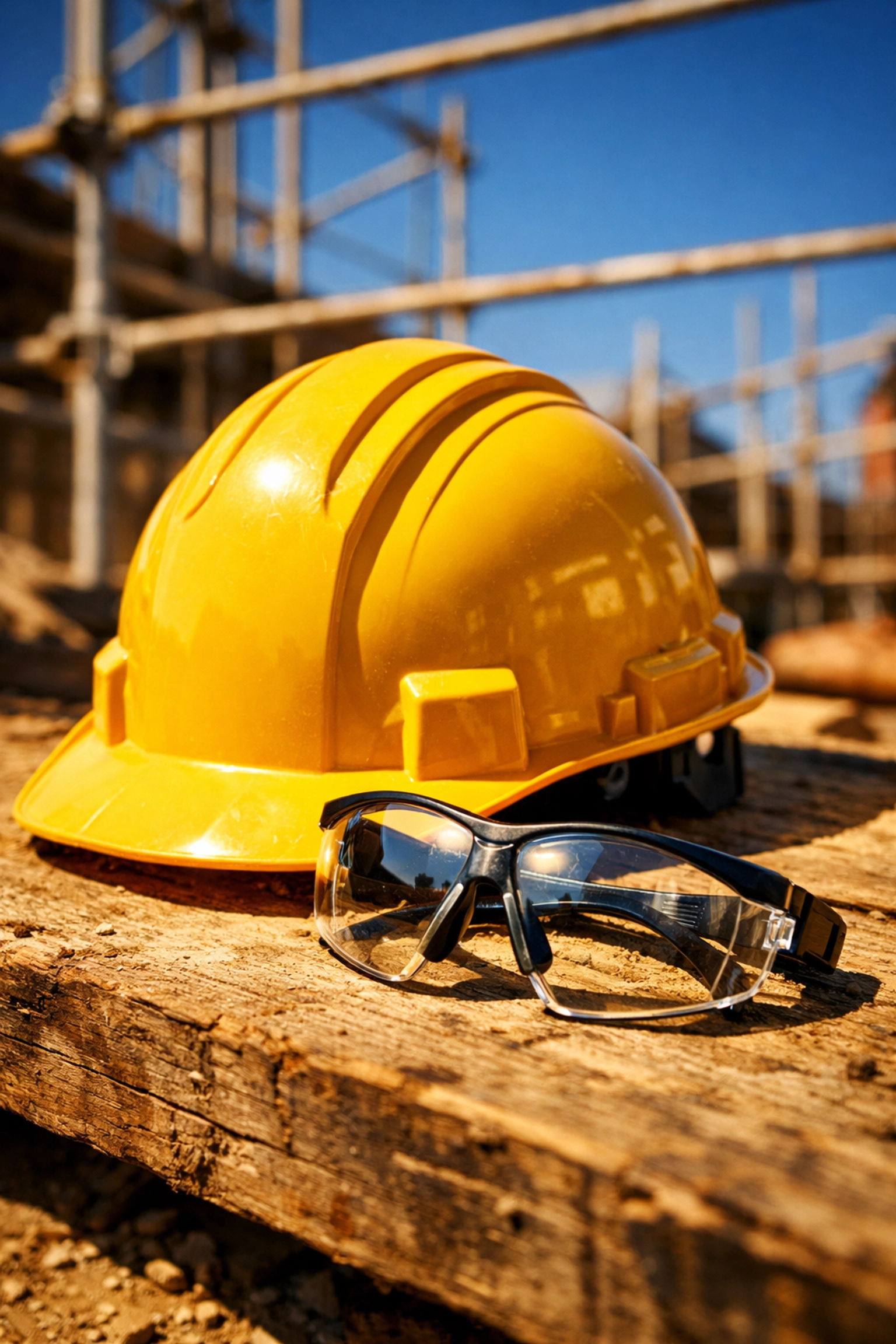 Industrial hard hat and safety glasses for UV protection and summer heat safety in Northern Indiana.