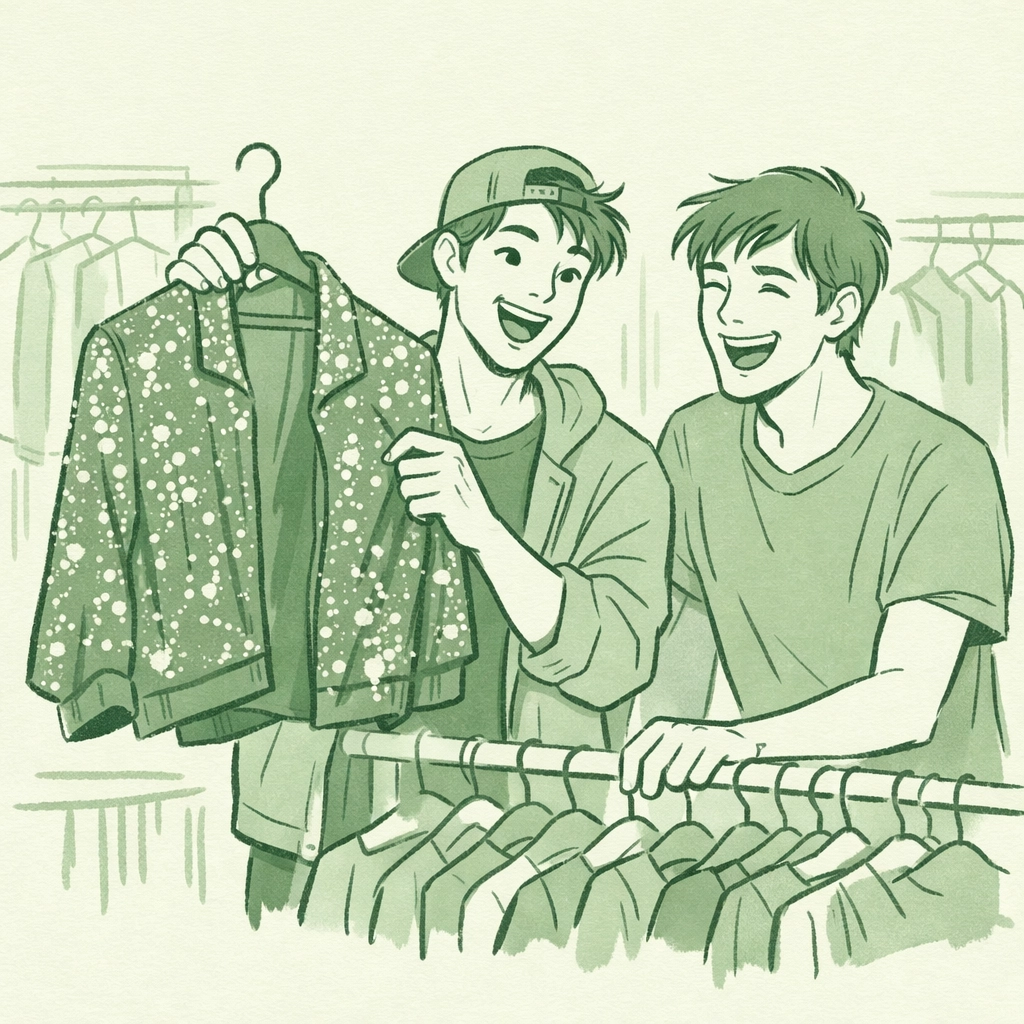 Two men examining vintage sequined jacket on thrift store rack for drag costume