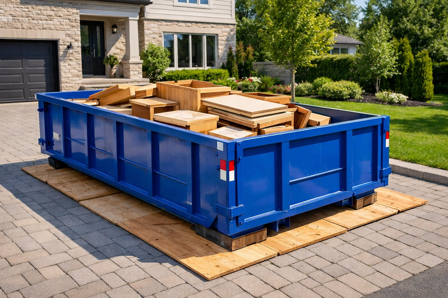 Driveway-safe renovation bin rental in North York loaded with kitchen cabinets for a Willowdale home remodel.