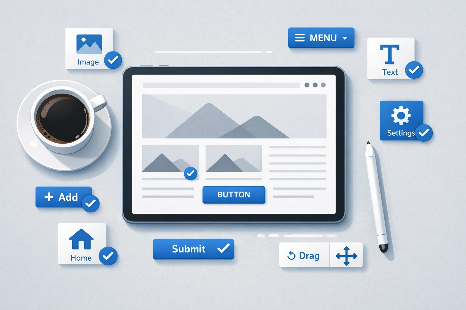 Web designer workspace with minimalist wireframe showing purposeful design elements