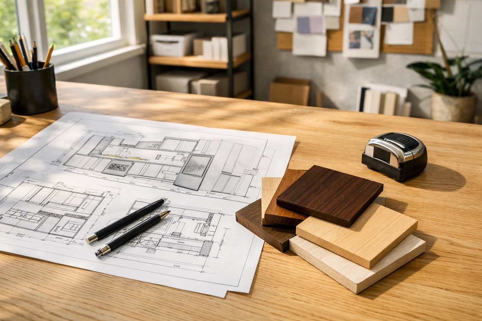 Modern design studio with custom kitchen cabinet plans and wood samples for a Minnesota renovation.