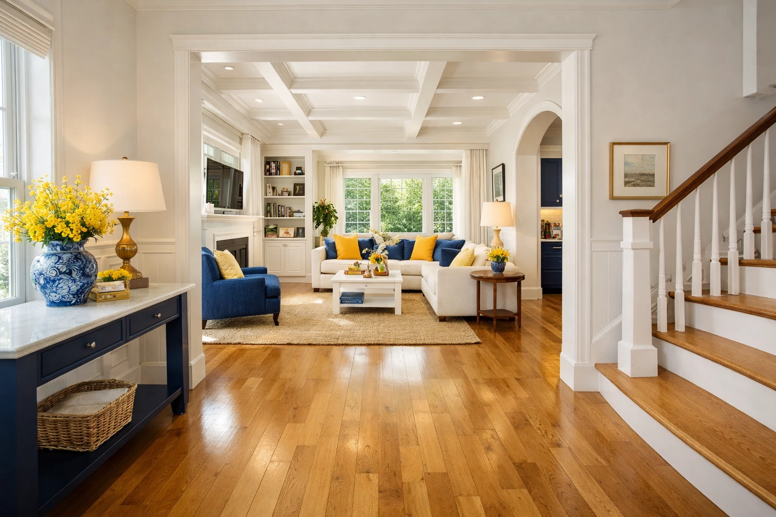 Pristine honey-toned hardwood floors in a sunlit Lunenburg home after professional cleaning.