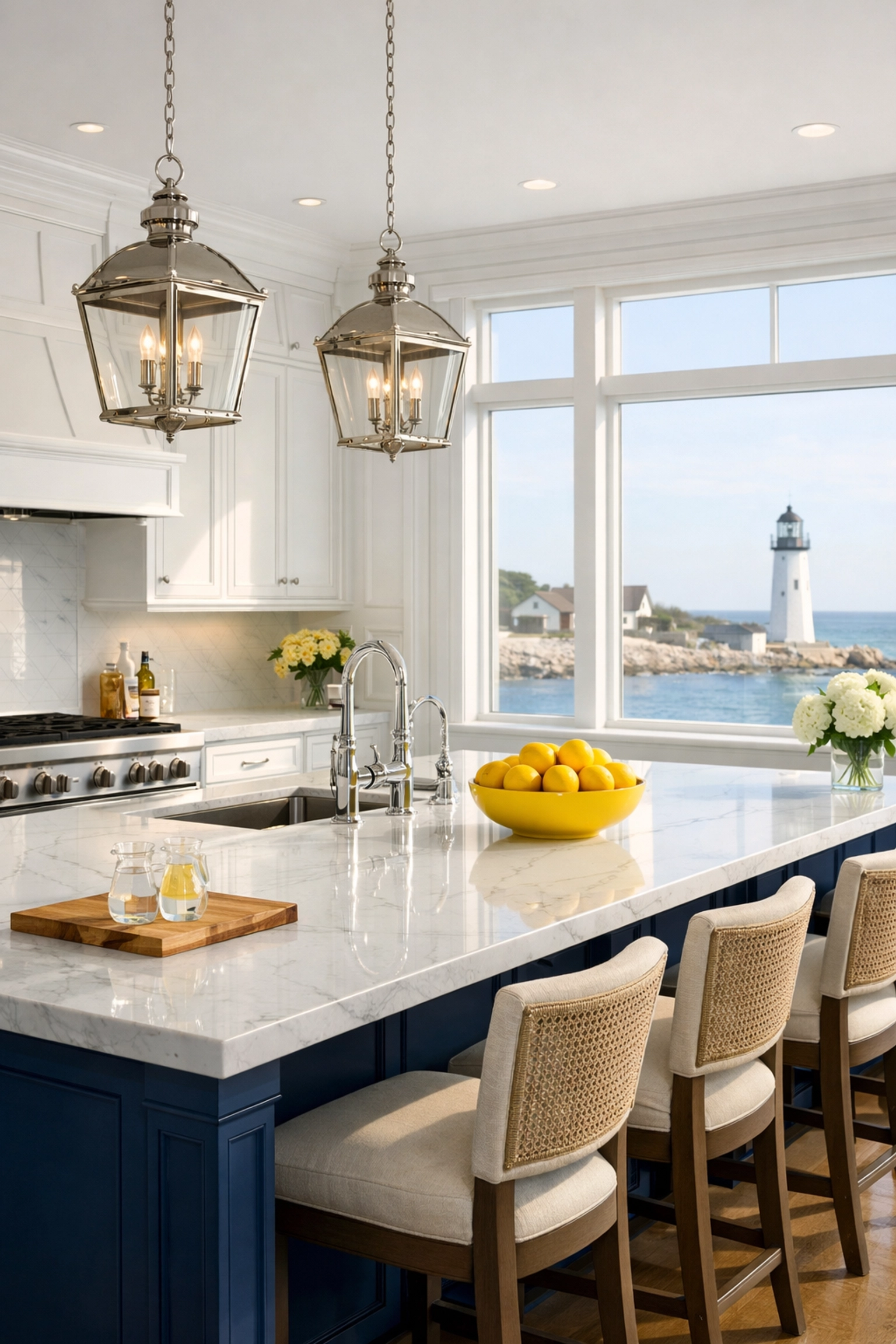 Luxury Scituate coastal home kitchen with marble counters and ocean views, reflecting expert interior maintenance.