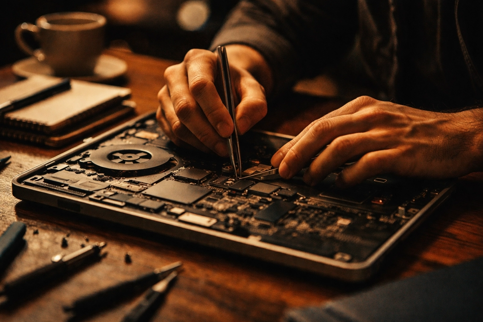 Technician repairing a laptop on a coffee shop table, onsite tech support for remote workers in Manhattan