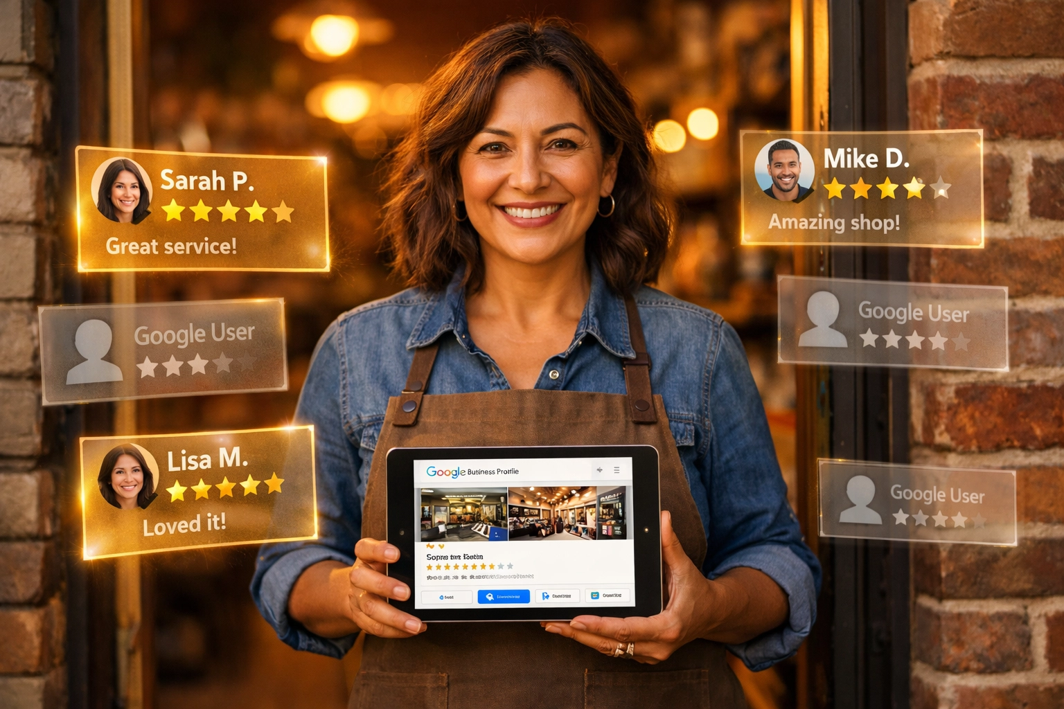 Business owner viewing Google Business Profile with verified and anonymous customer reviews