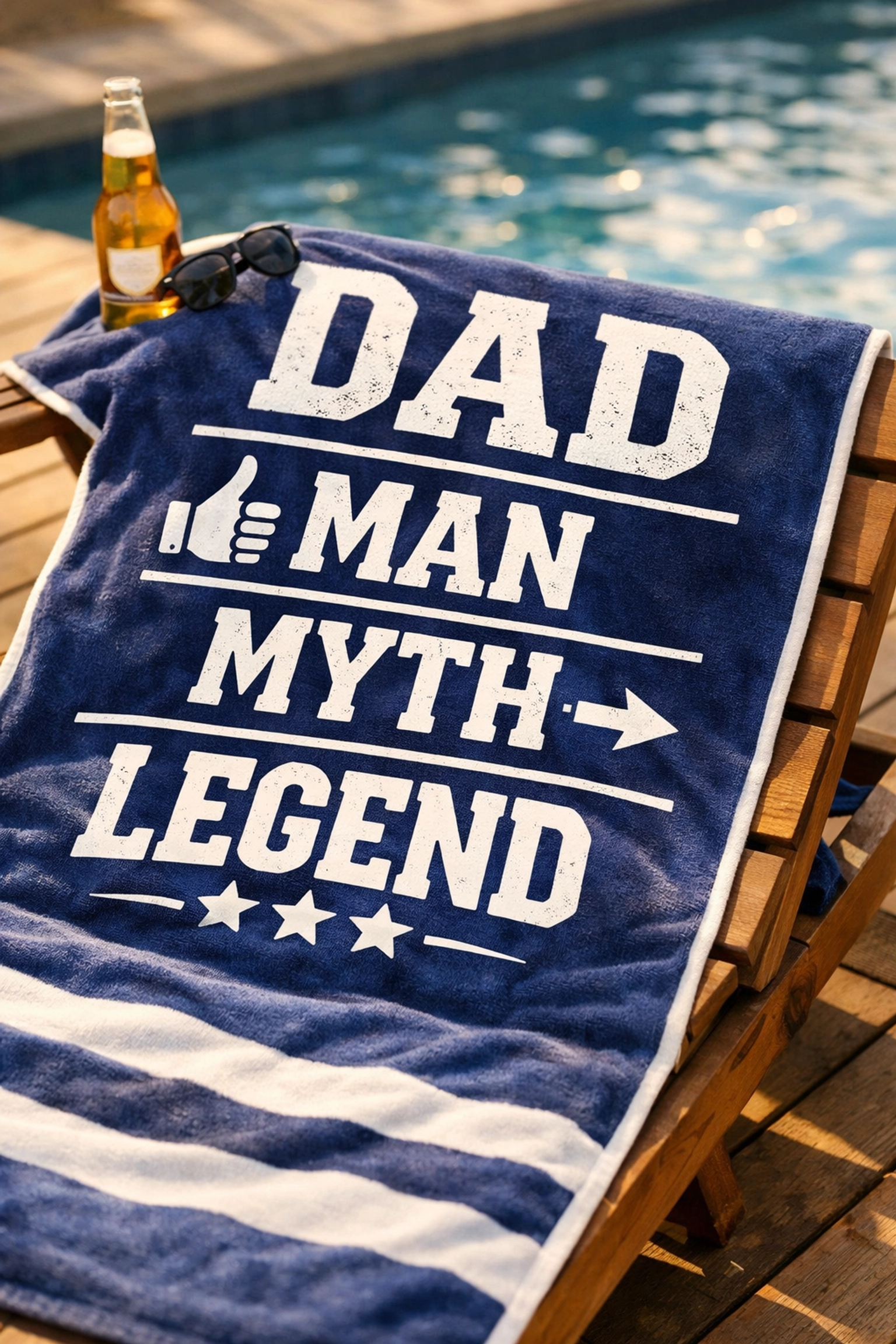 Dad Man Myth Legend funny beach towel gift by pool with beer and sunglasses