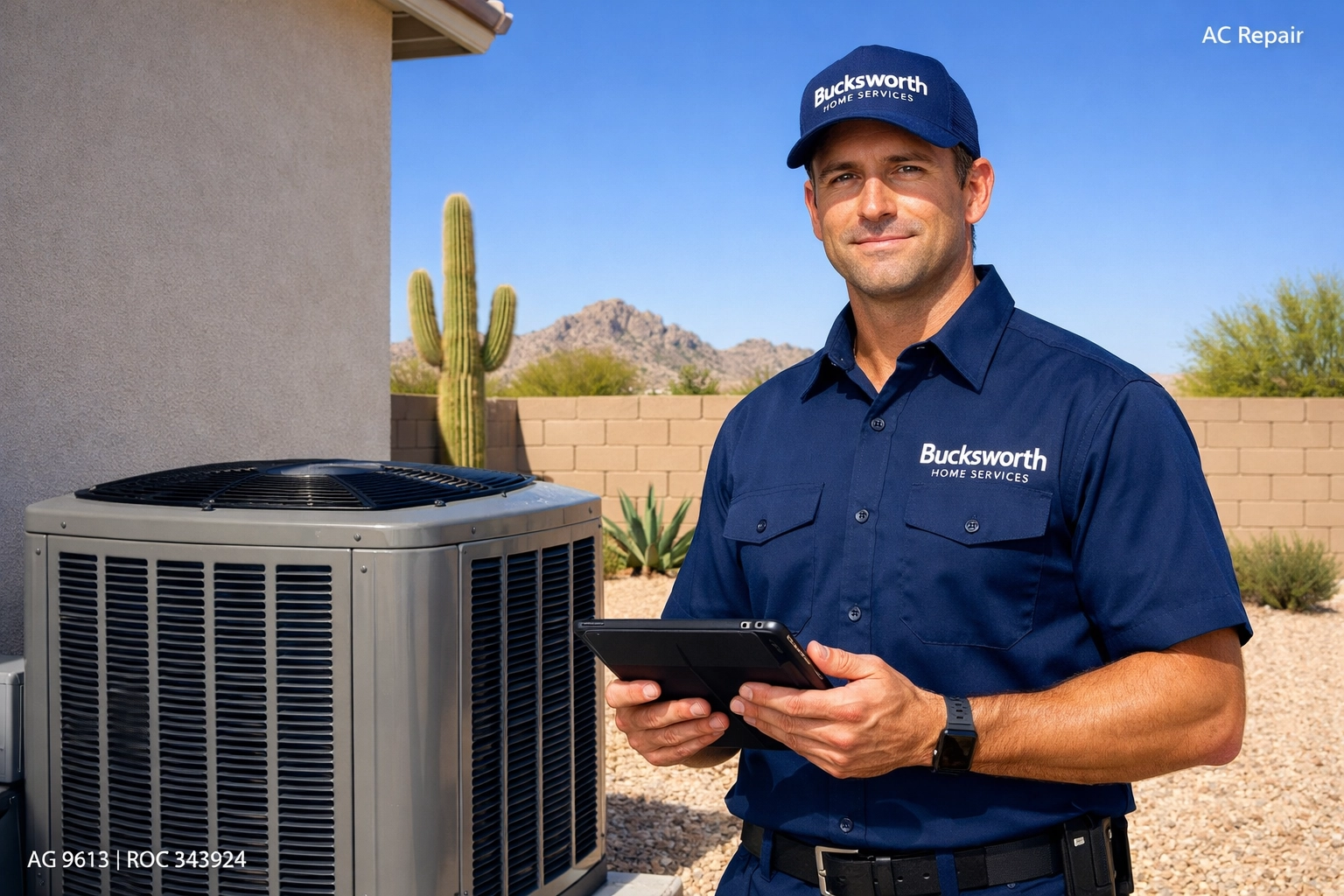 Bucksworth Home Services technician providing expert AC repair and system inspections in Scottsdale, AZ.