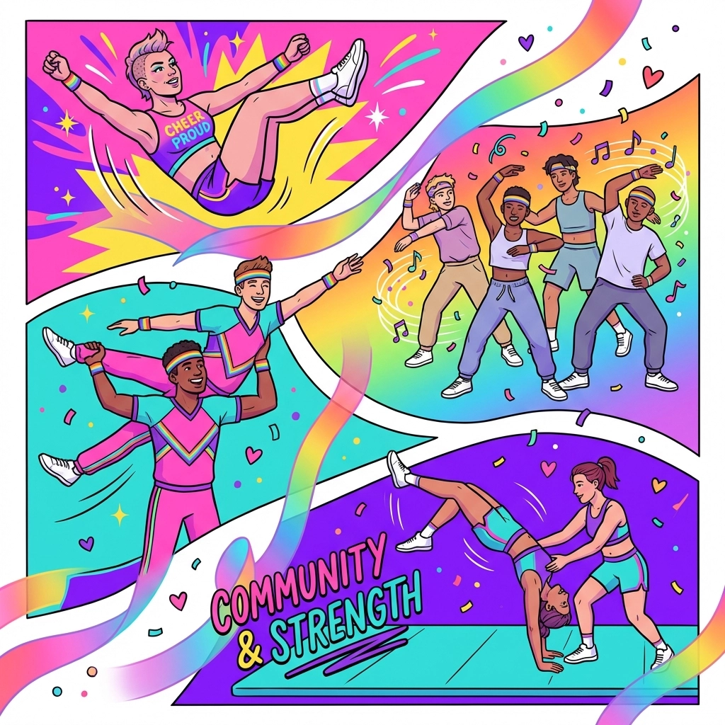 Diverse LGBTQ+ cheerleaders including trans and lesbian athletes celebrating pride in competitive sport