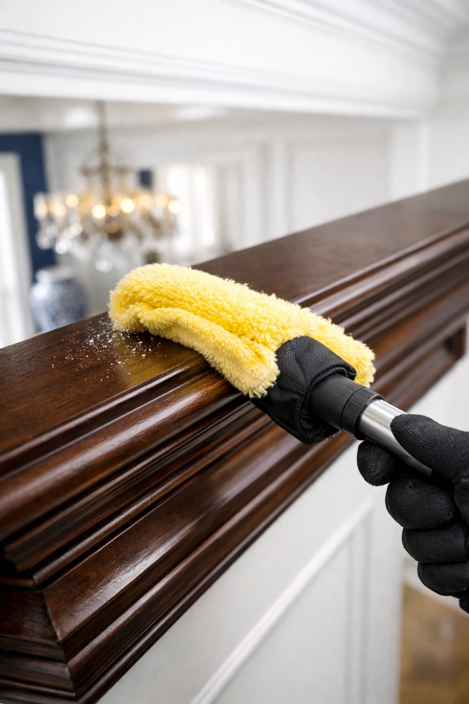 Detail-oriented professional cleaners MA dusting high-end wood crown molding in a bright Massachusetts home.