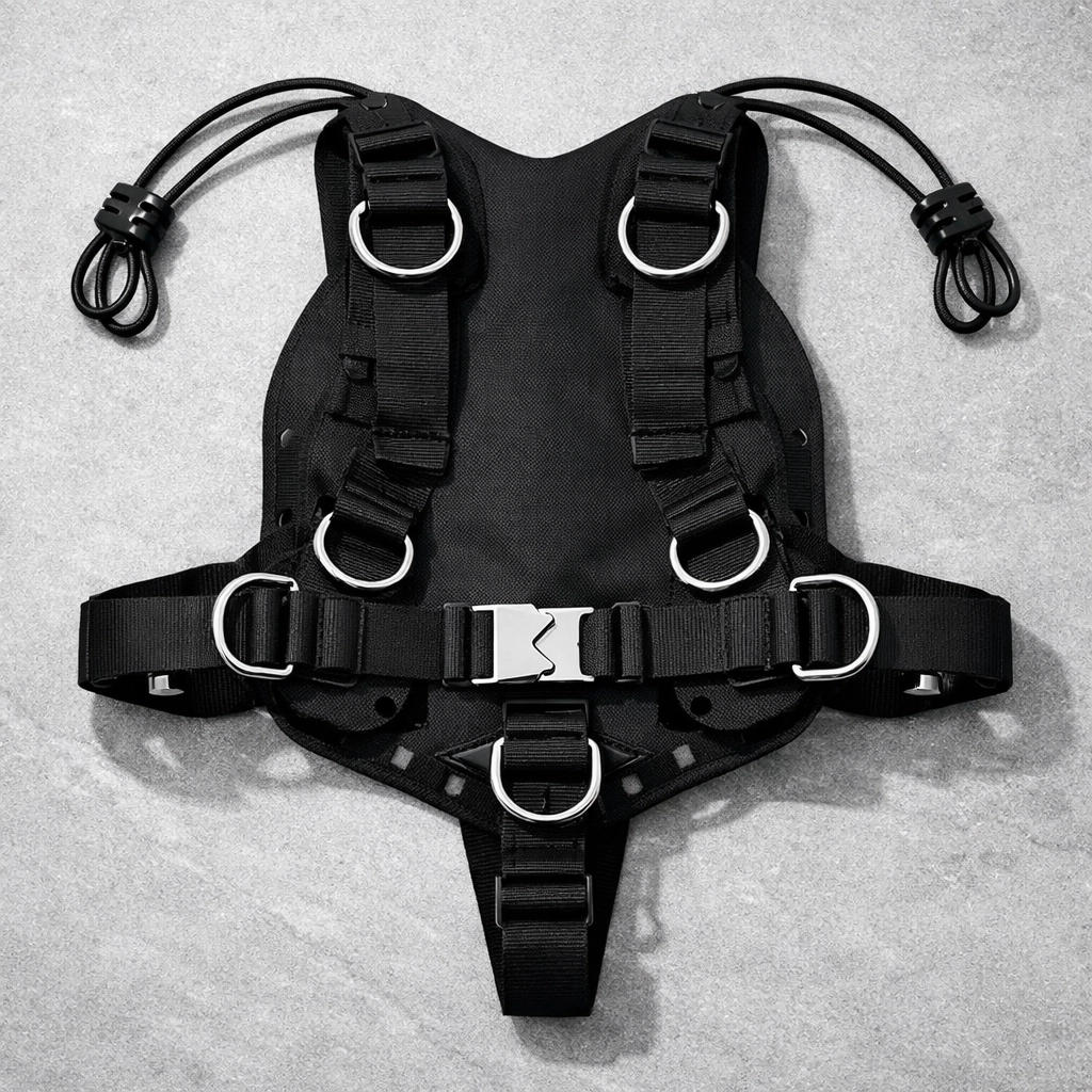 Minimalistisches Sidemount Harness für stromlinienförmiges Tauchen und bessere Redundanz.