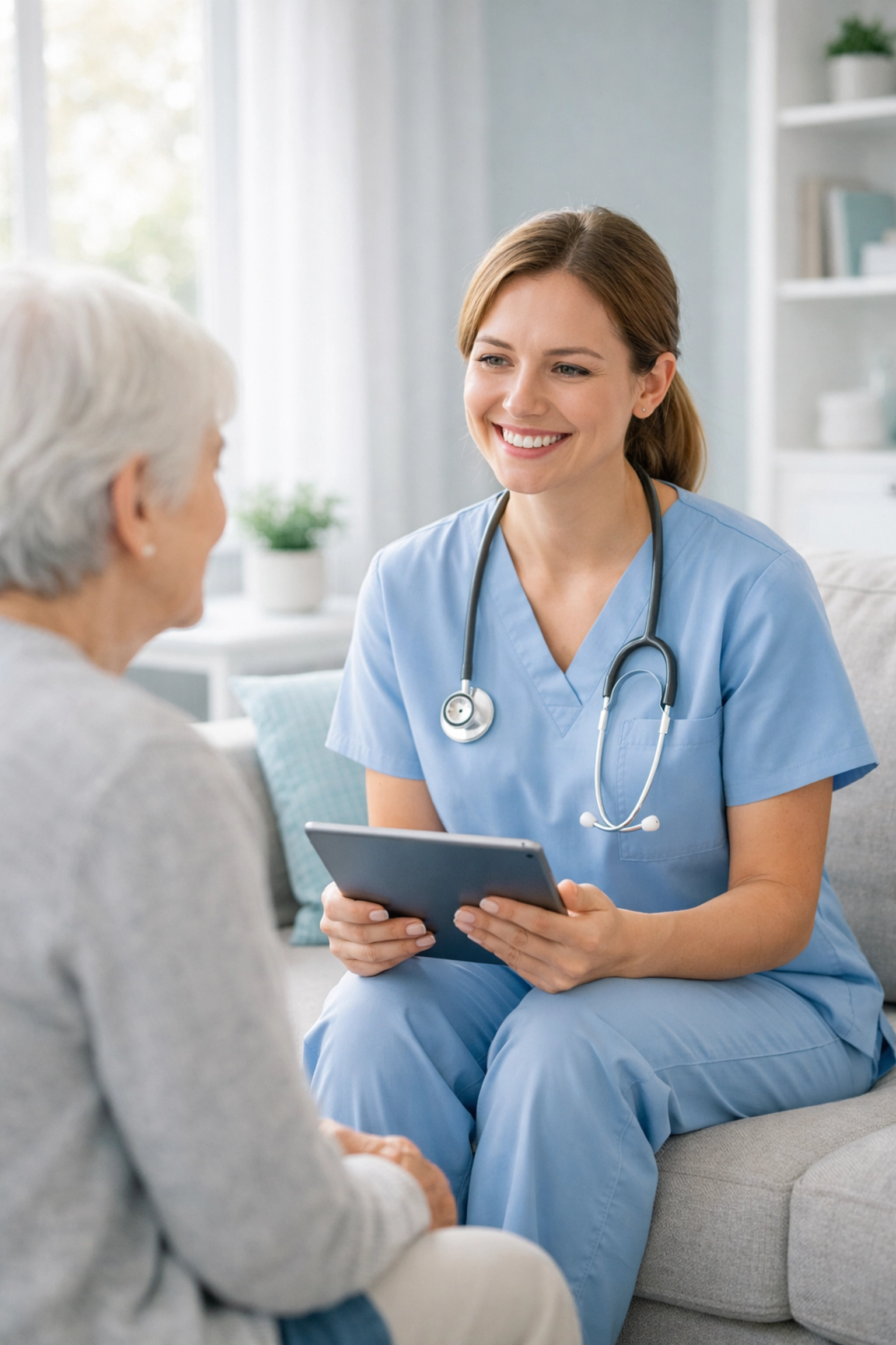 Nurse using a tablet for real-time clinical documentation during a home health patient visit.