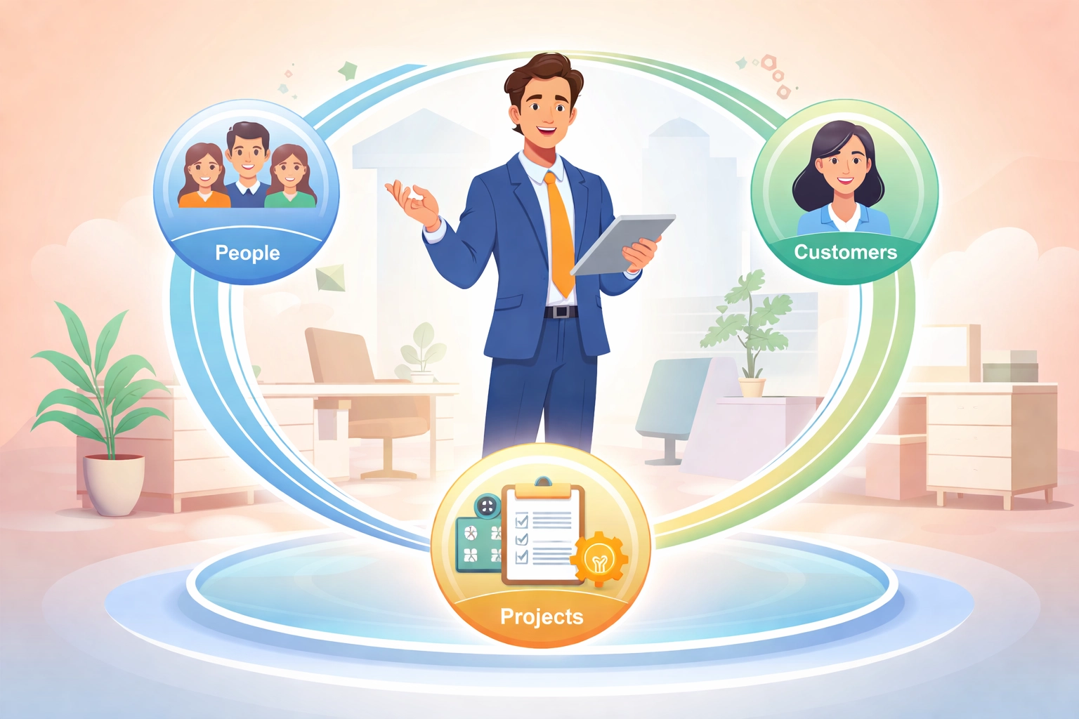 Calm business professional enjoying seamless SMB management with a unified dashboard for teams, projects, and customers