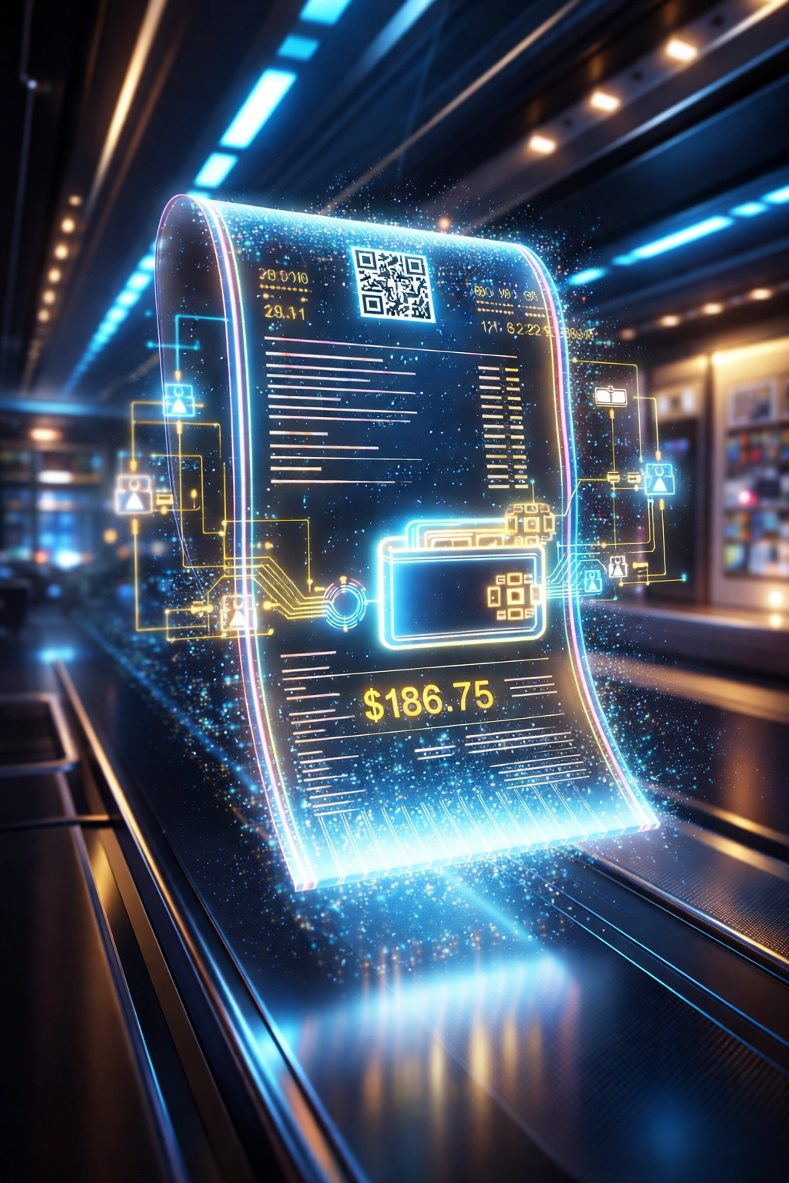 Holographic NFT receipt floating in a virtual shopping environment representing blockchain proof of purchase
