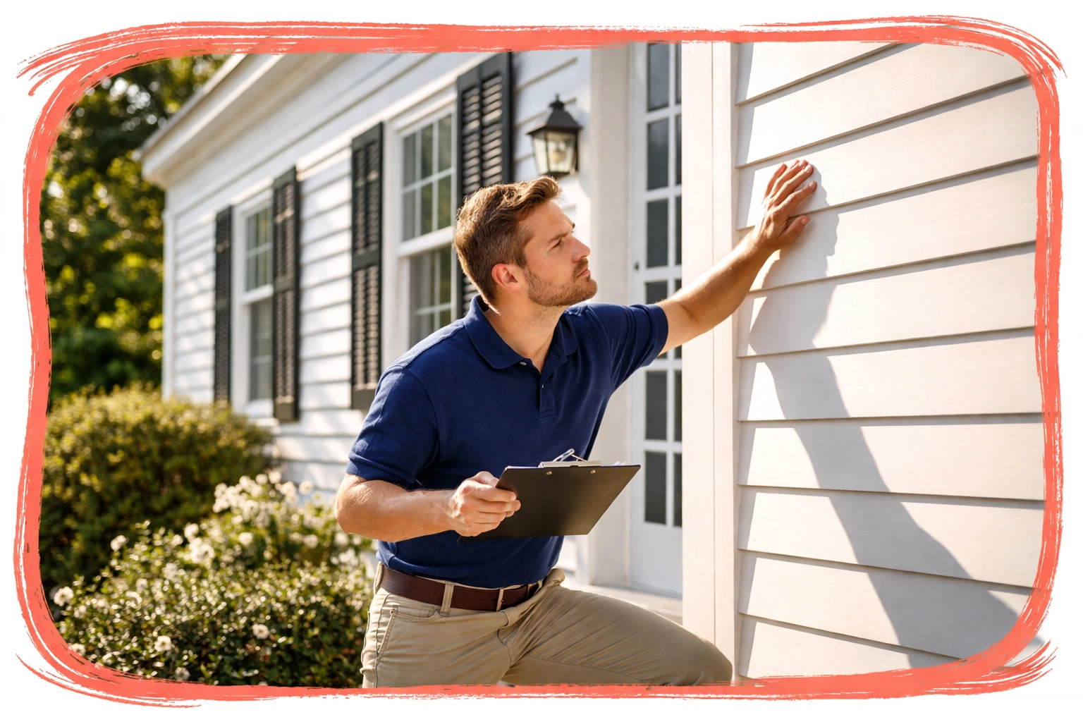 Professional home inspector examining exterior siding of a classic Connecticut colonial home during a general home inspection.