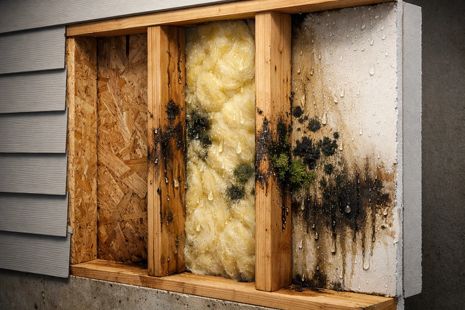 Cross-section view of wall showing hidden mold growth and moisture damage behind drywall