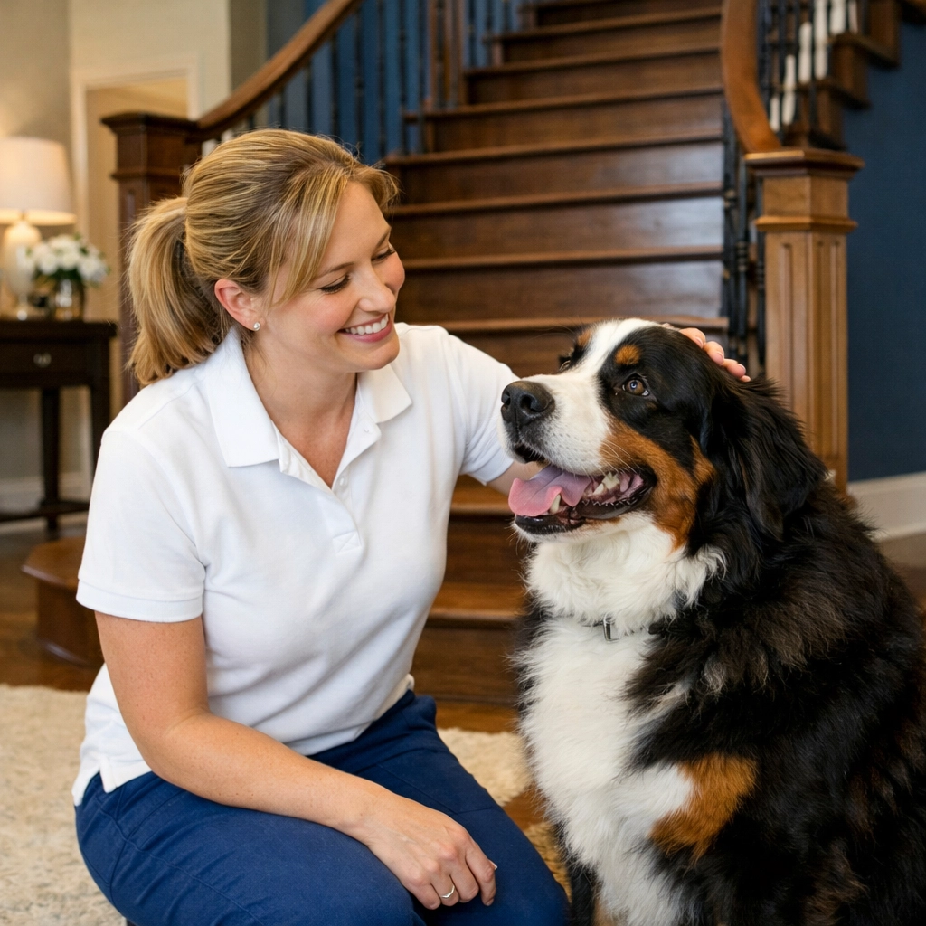 Professional cleaners in Sudbury MA providing pet-friendly house cleaning in a luxury home.