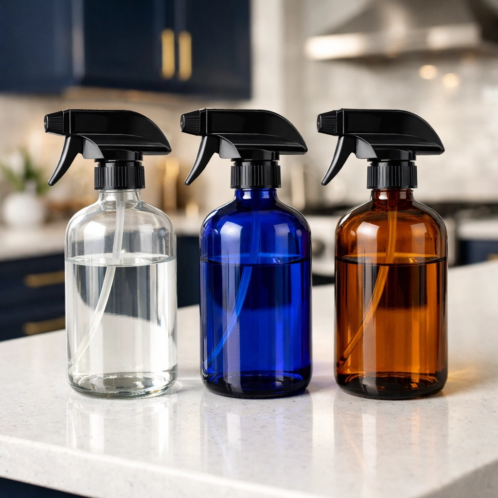 Reusable glass spray bottles on a quartz counter for eco-friendly house cleaning in Marblehead.