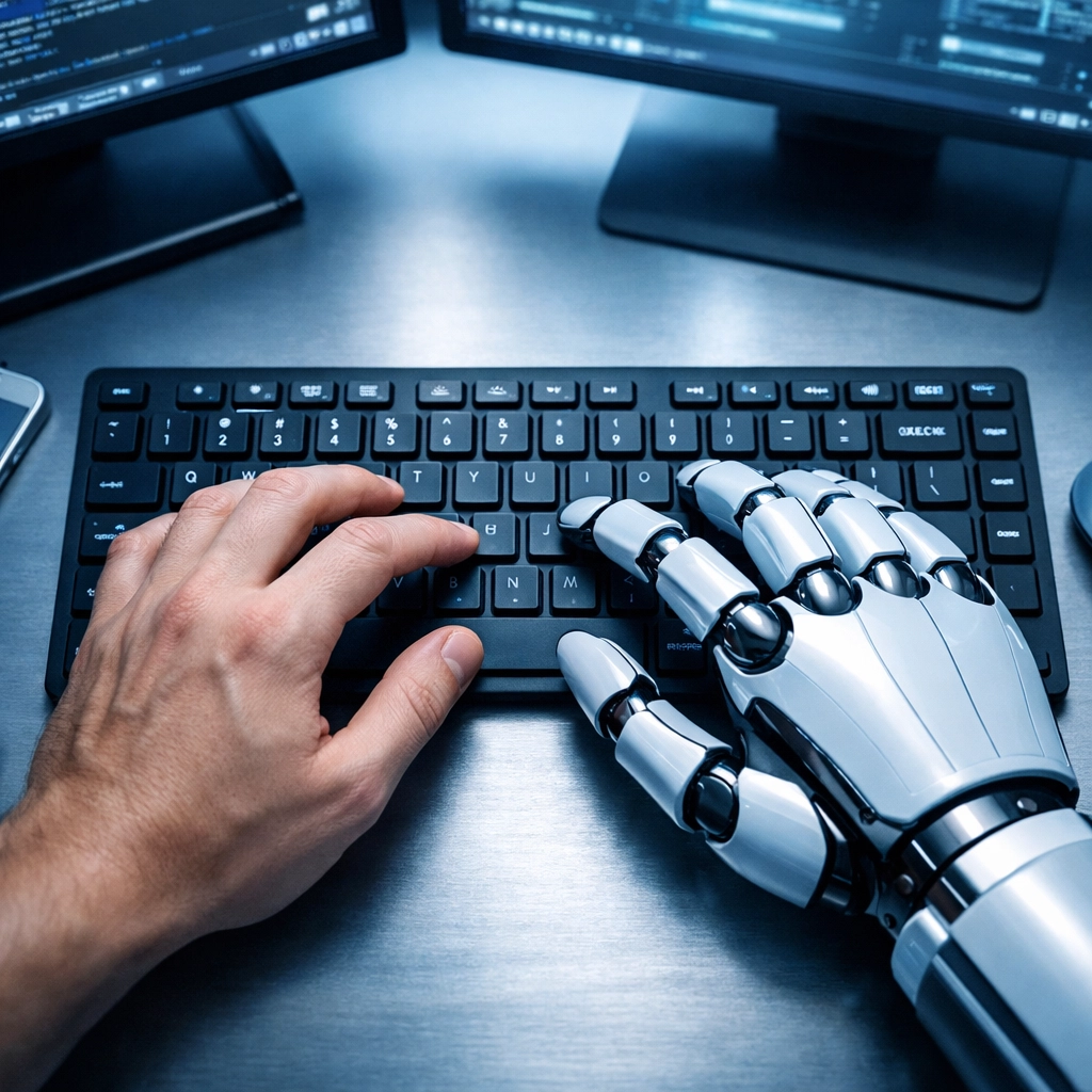 Human and AI collaboration on content creation showing strategic partnership for SEO optimization