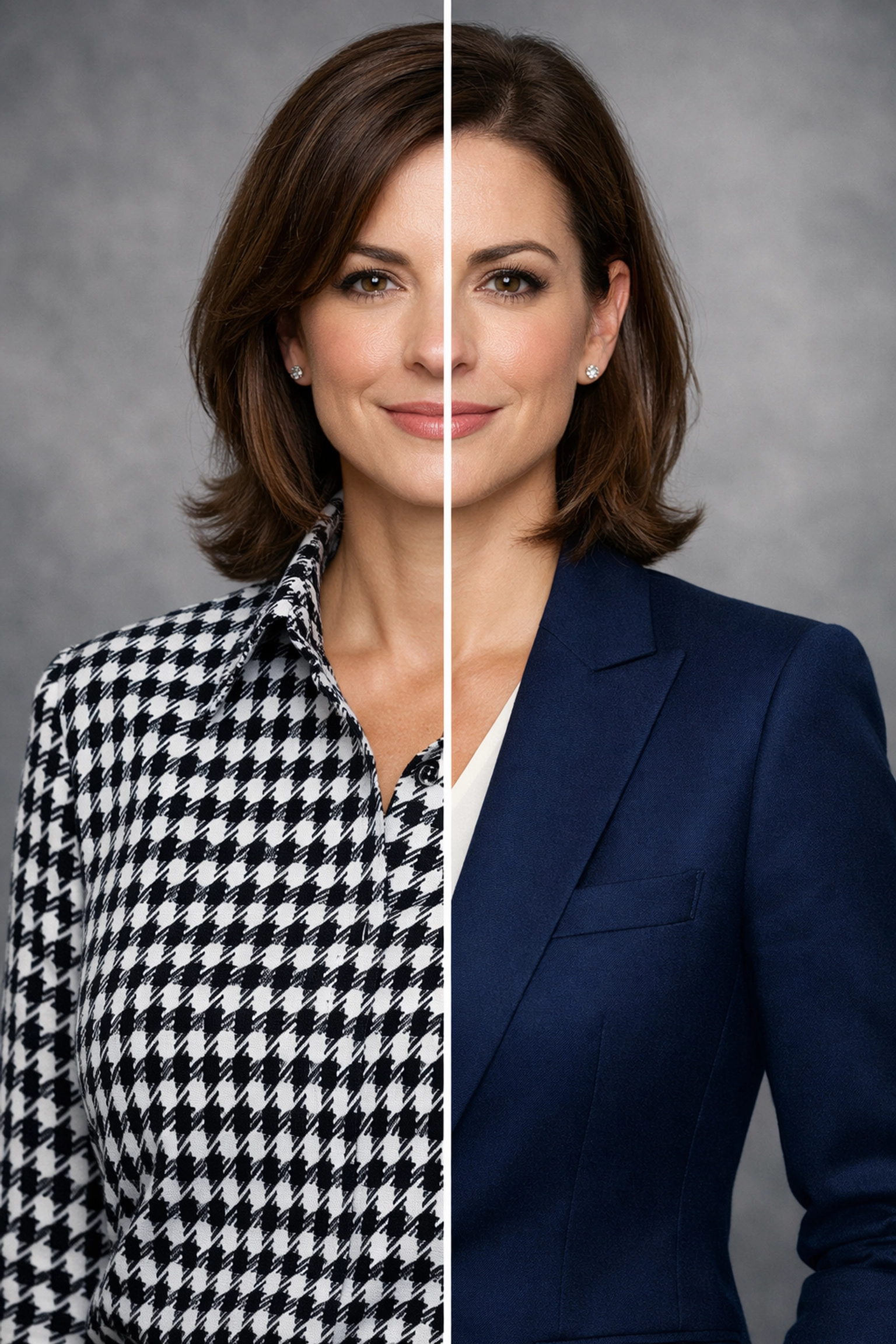 Professional corporate headshot comparison of distracting clothing patterns versus solid professional attire.