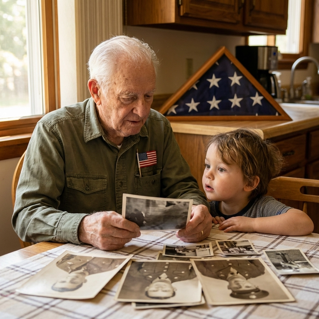 Veteran grandfather sharing patriotic stories with his grandchild at the kitchen table, American flag displayed in the background.