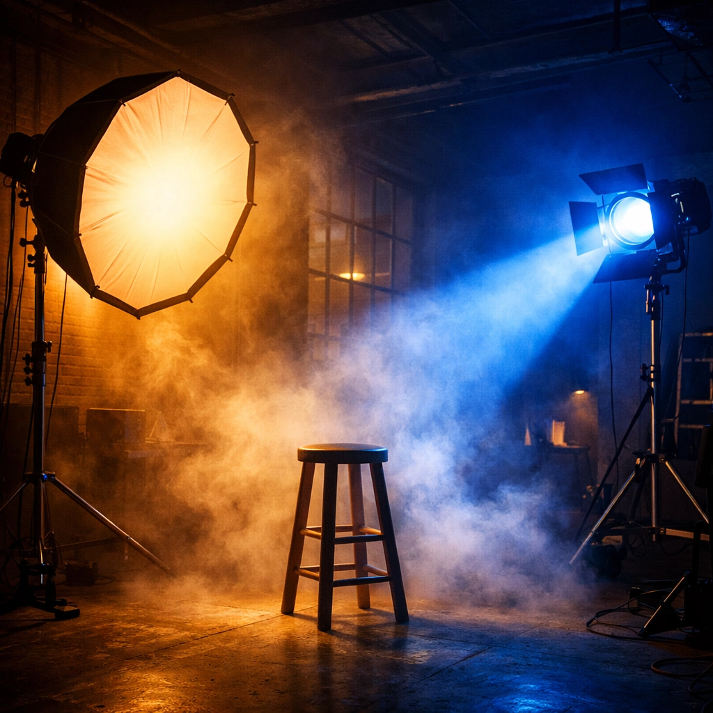 Advanced studio lighting setup (key light, fill, and backlight) creating depth and subject separation for professional vertical video ads and social content—lighting tips from a videographer near me.