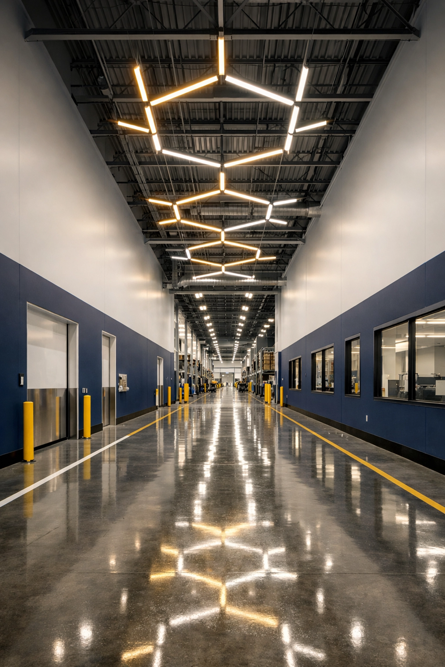 Buffed concrete floors in a distribution center showcasing expert commercial maintenance.