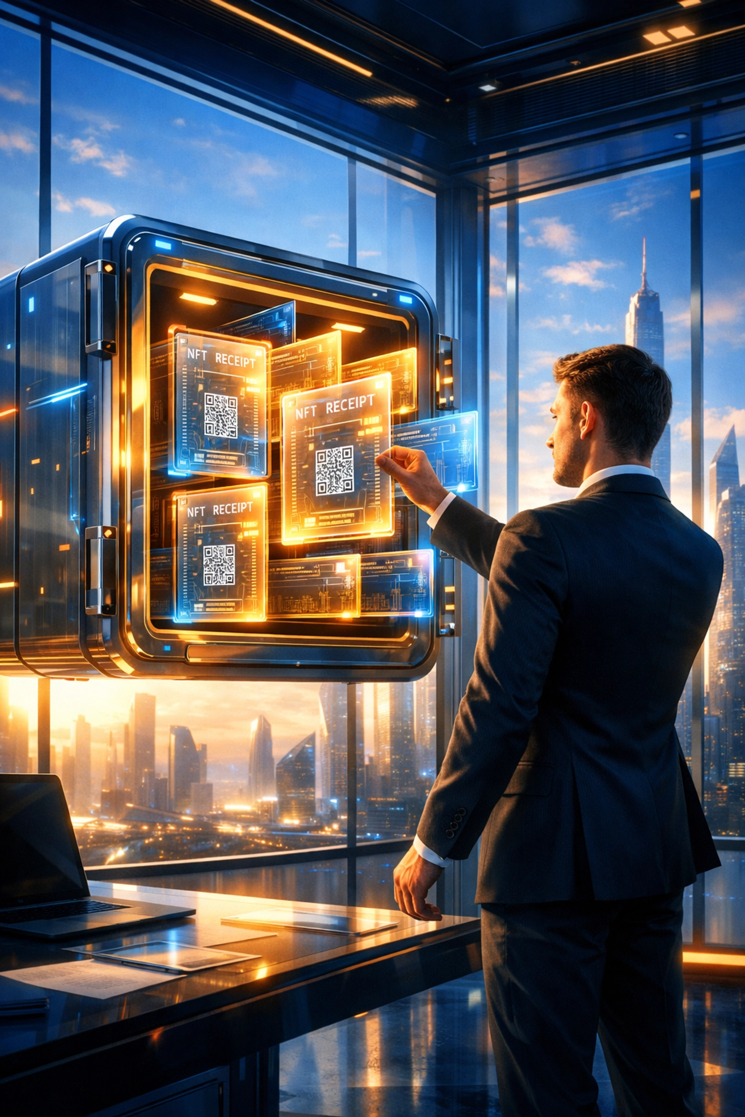 Merchant using automated NFT receipts for secure crypto accounting and data ownership in a modern digital office.