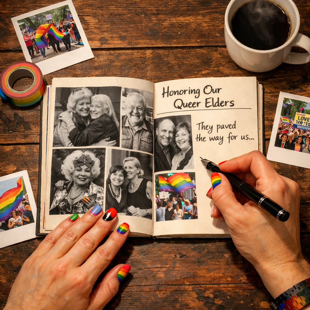 Hand-written queer history zine featuring photos of LGBTQ+ elders and modern Pride Polaroid pictures.