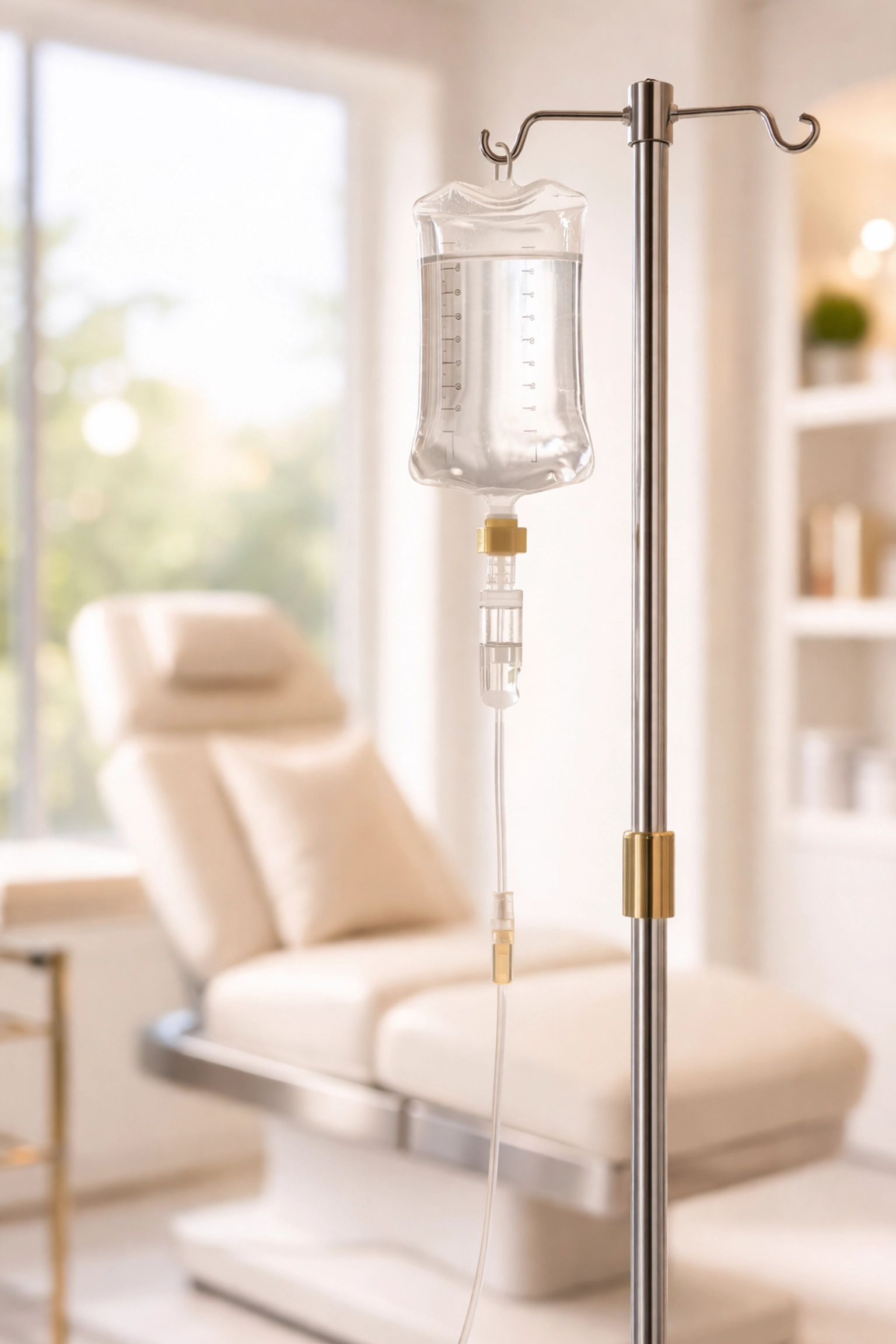Close-up of an IV drip bag in a modern Las Vegas wellness clinic, symbolizing vitamin IV therapy benefits.