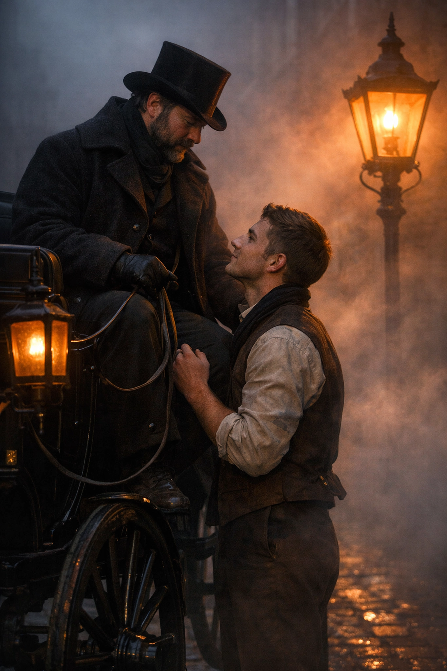 A Victorian coachman and groom sharing a longing look by a carriage, depicting a classic gay historical romance.